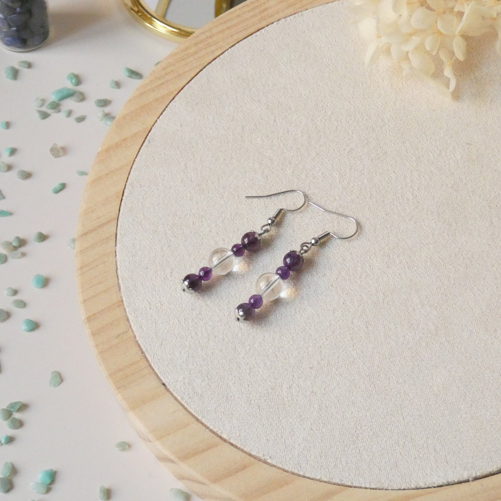 Boucles d’oreilles pendantes 5 perles – pierres naturelles