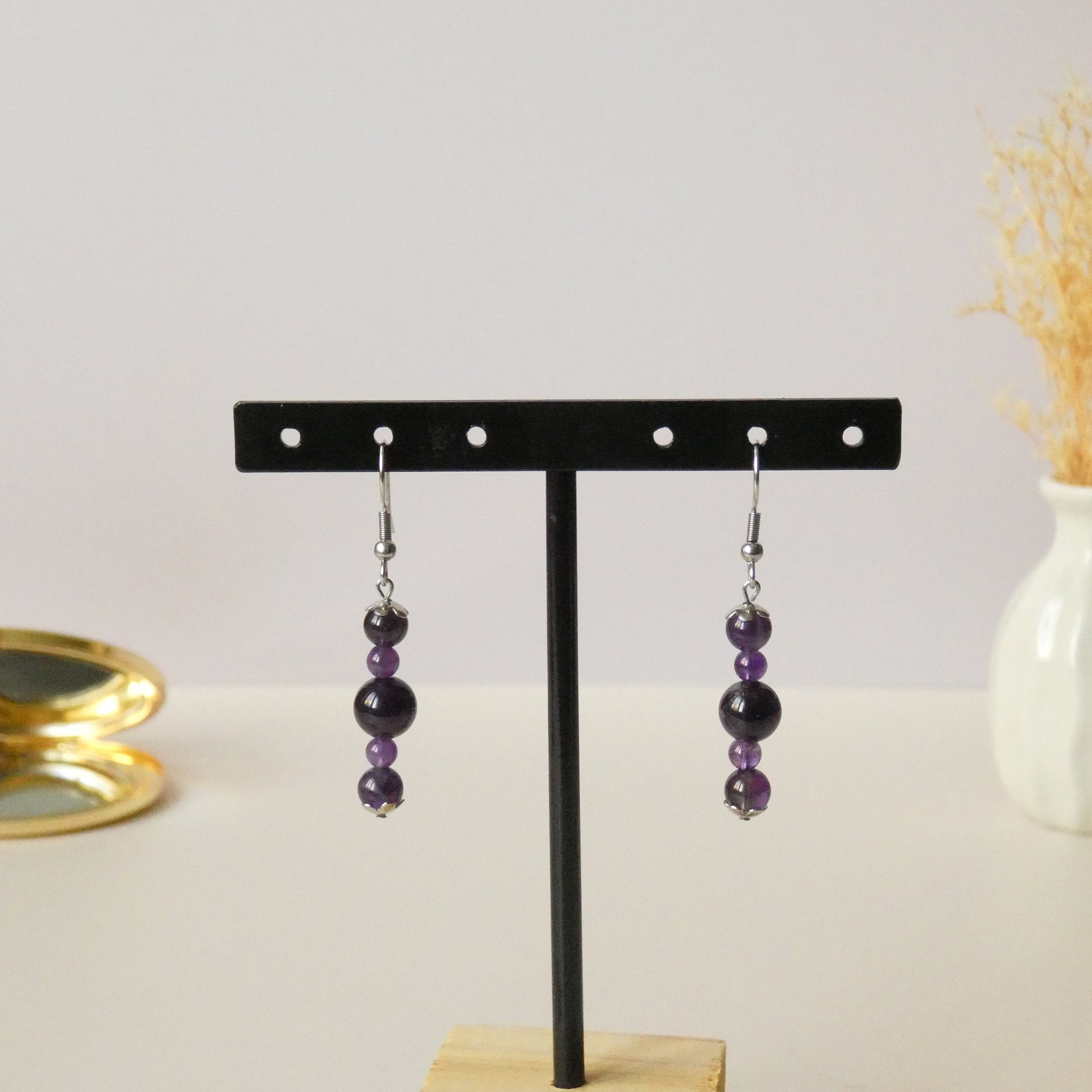 Boucles d’oreilles pendantes 5 perles – pierres naturelles