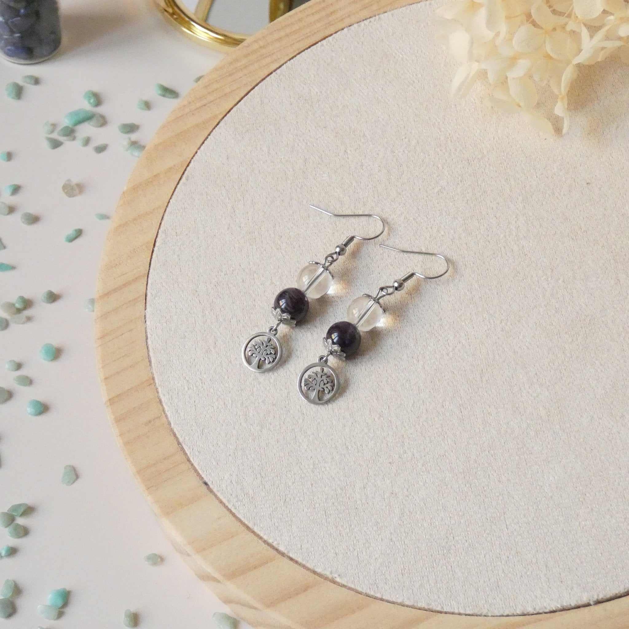 Boucles d’oreilles perles et arbre de vie – pierres naturelles
