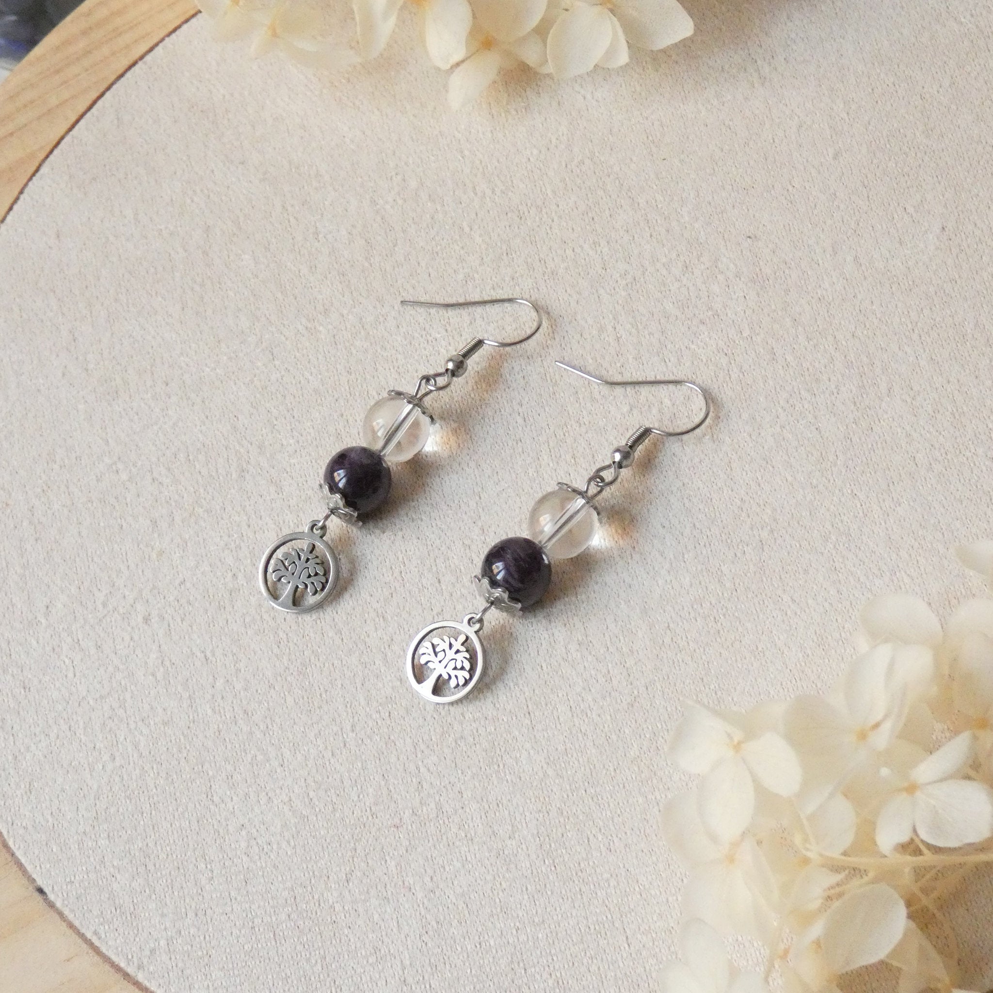 Boucles d’oreilles perles et arbre de vie – pierres naturelles