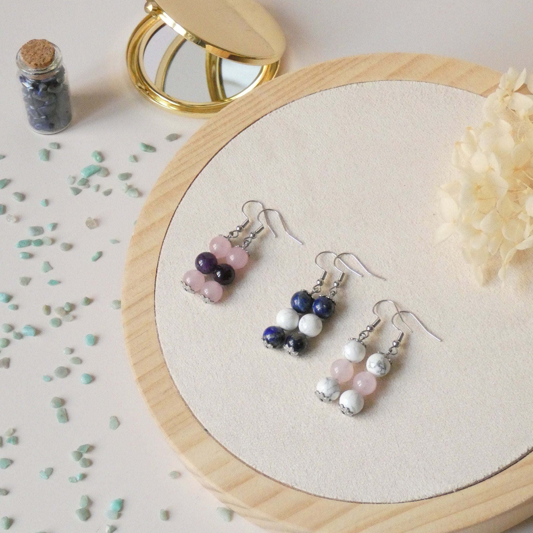 Boucles d’oreilles 3 perles 8 mm – pierres naturelles