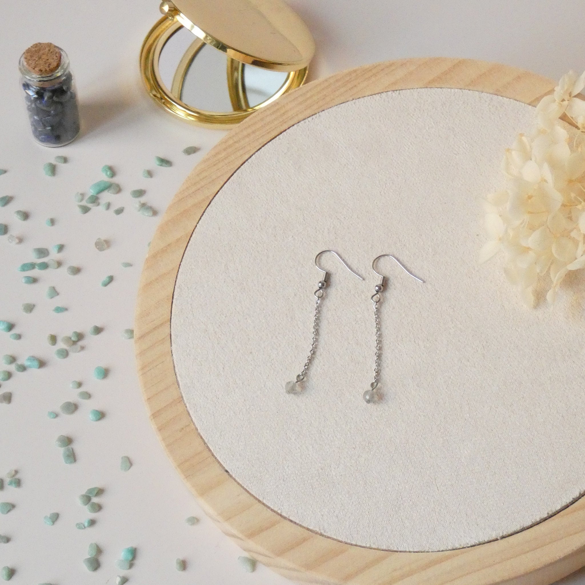 Boucles d’oreilles pendantes chaîne – labradorite facettée