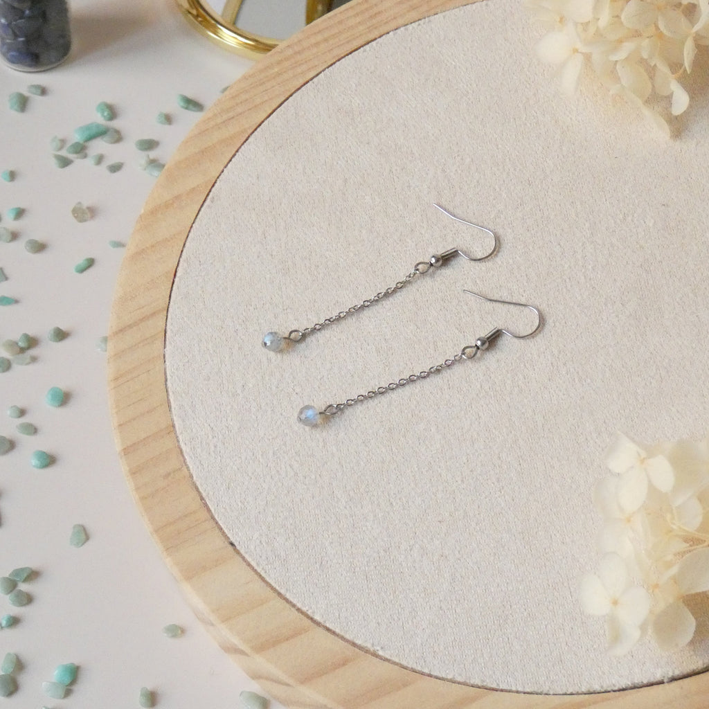 Boucles d’oreilles pendantes chaîne – labradorite facettée