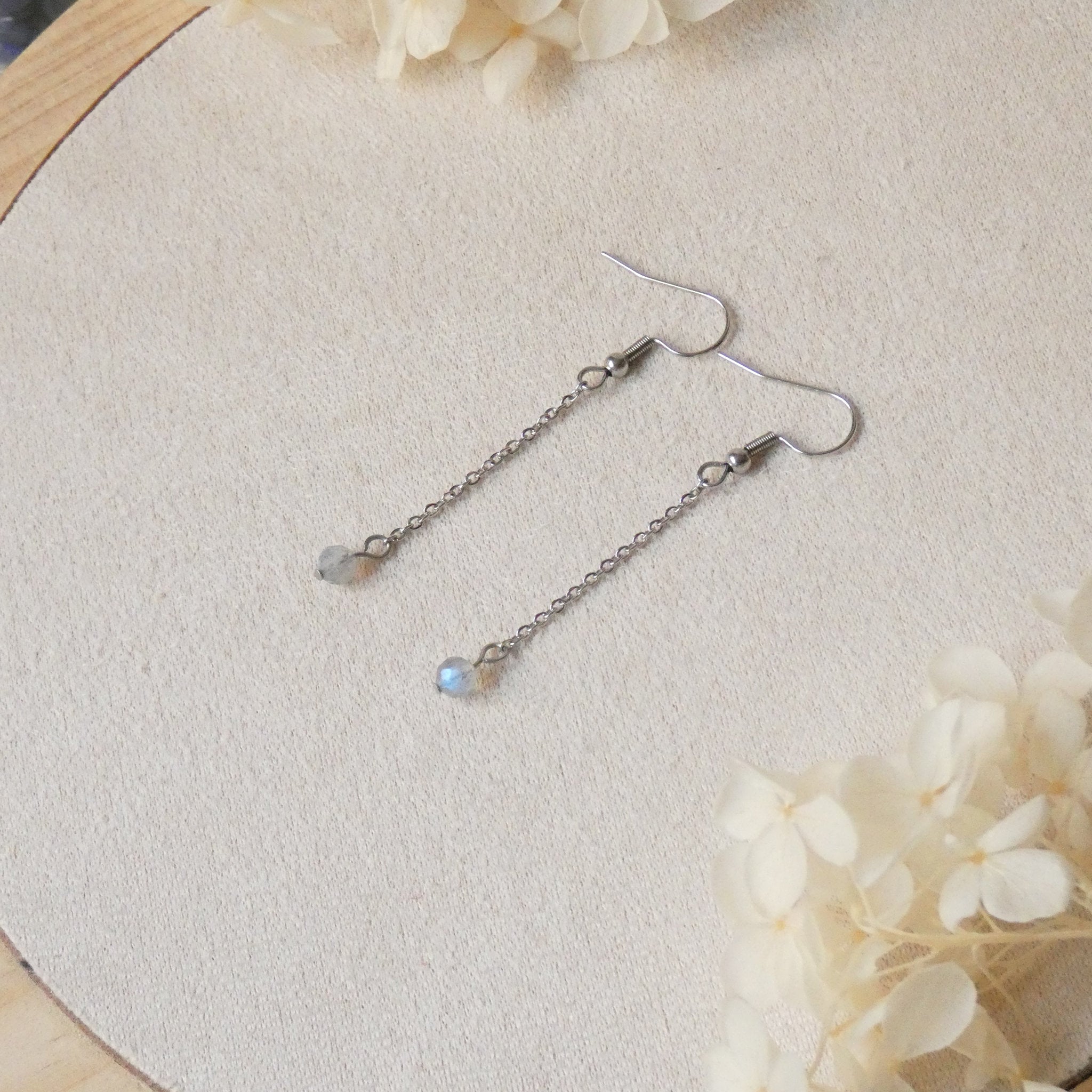 Boucles d’oreilles pendantes chaîne – labradorite facettée
