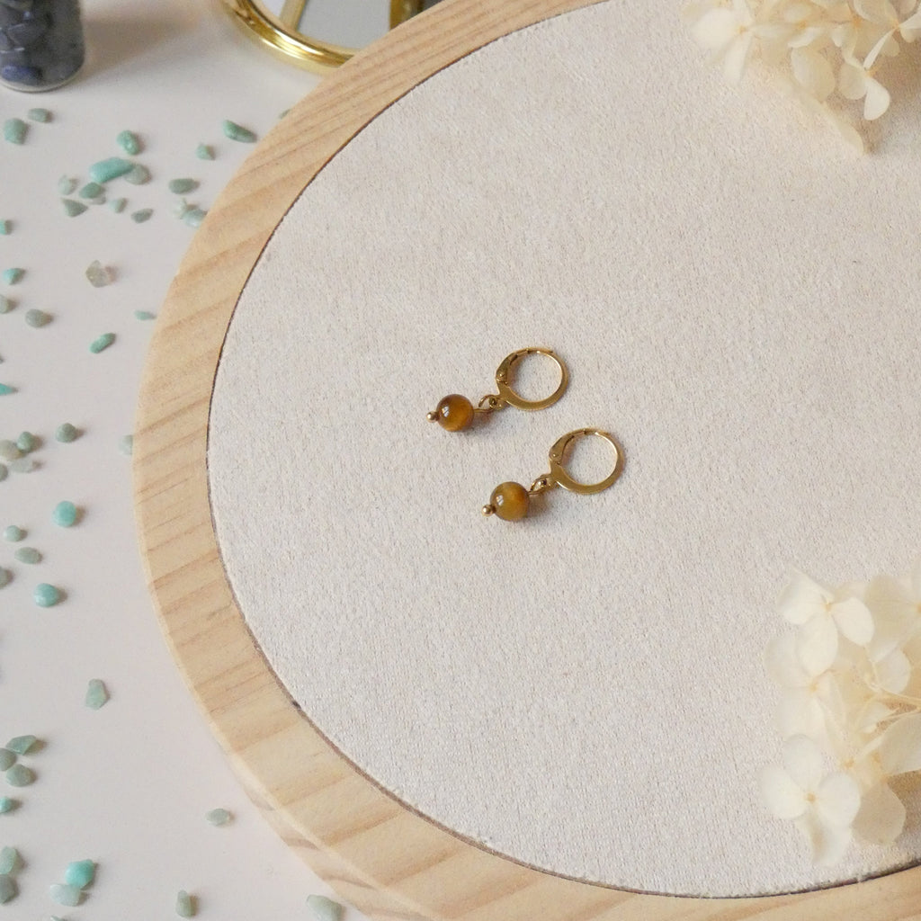 Boucles d’oreilles dormeuses oeil de tigre – Acier inoxydable