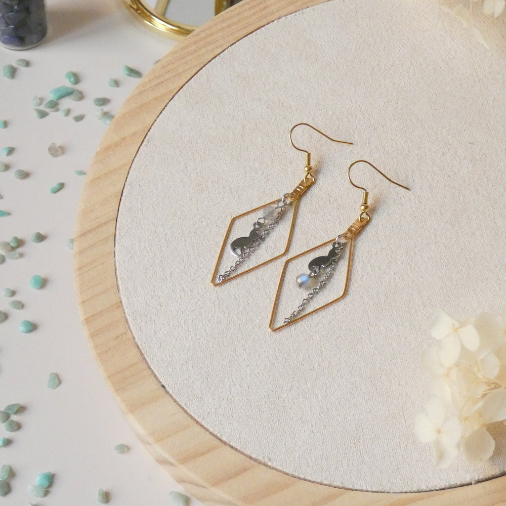 Boucles d’oreilles losange labradorite et chat