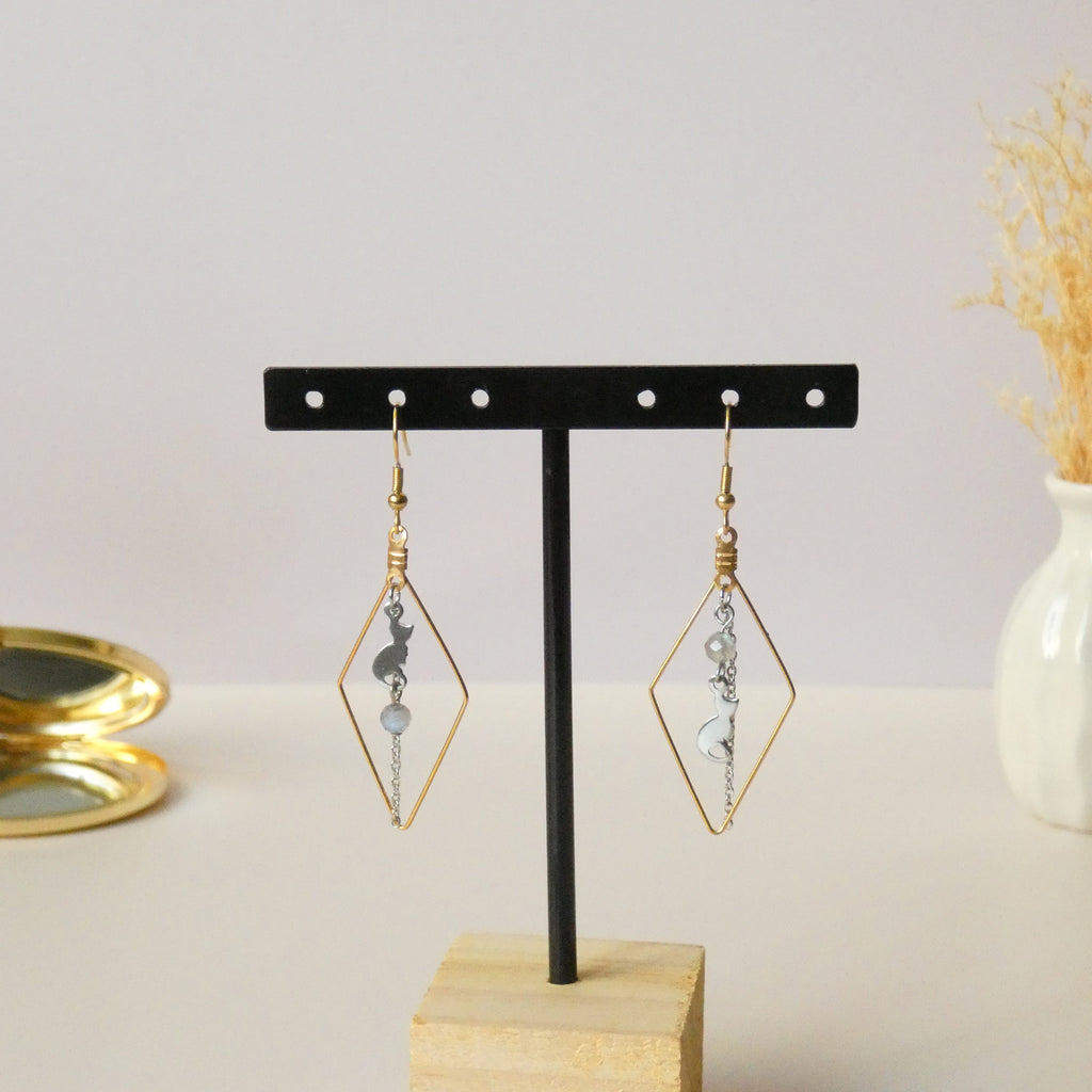 Boucles d’oreilles losange labradorite et chat