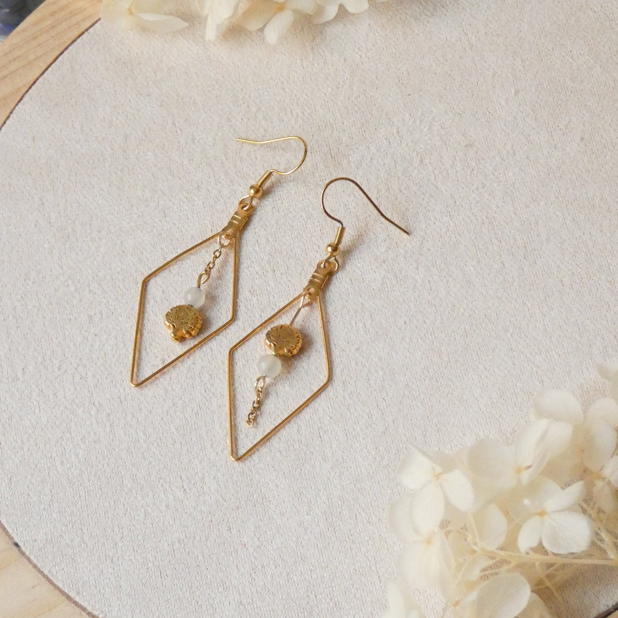 Boucles d’oreilles losange pierre de lune et arbre de vie