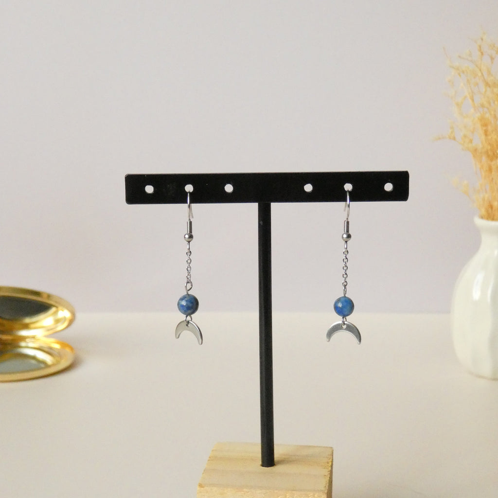 Boucles d’oreilles pendantes lapis lazuli et lune