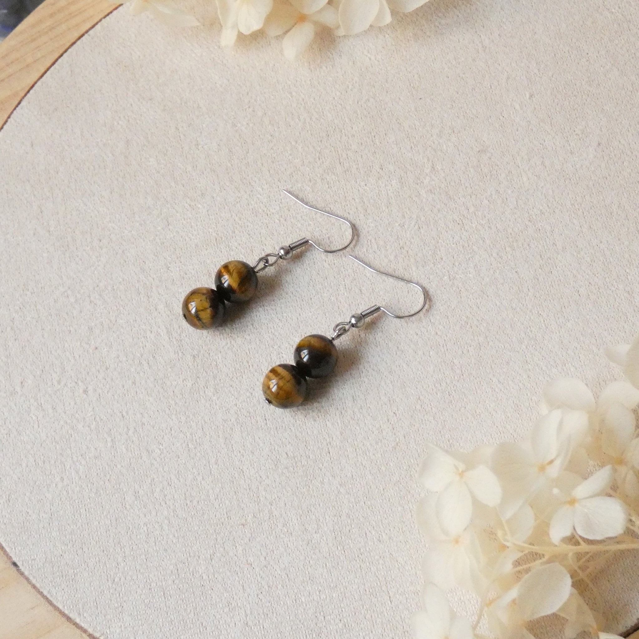 Boucles d’oreilles minimalistes 2 perles – oeil de tigre