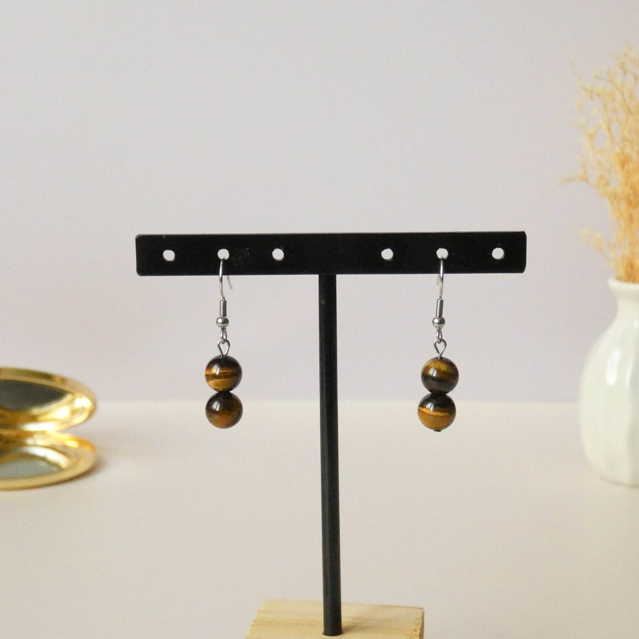 Boucles d’oreilles minimalistes 2 perles – oeil de tigre