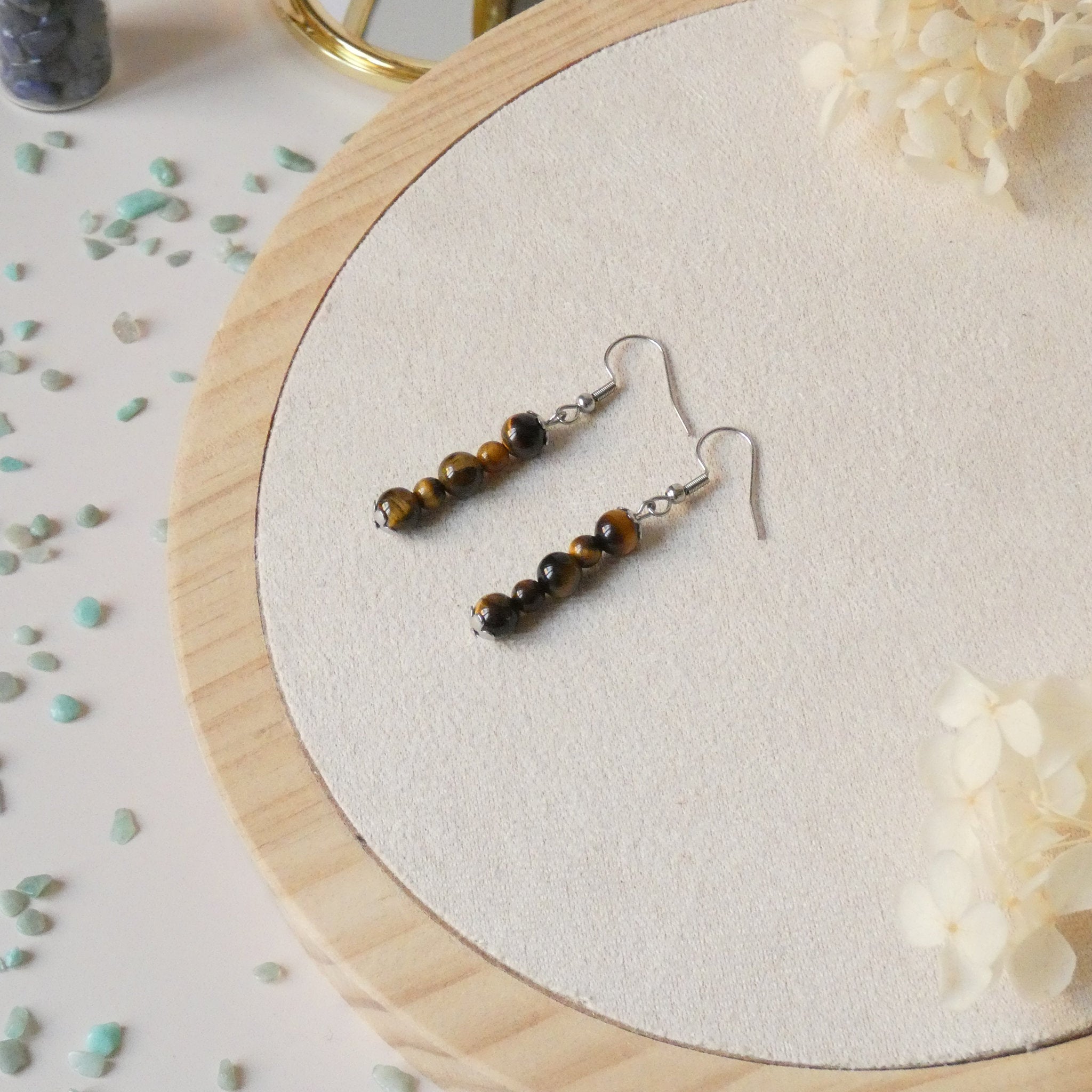 Boucles d’oreilles pendantes oeil de tigre – Pierres naturelles