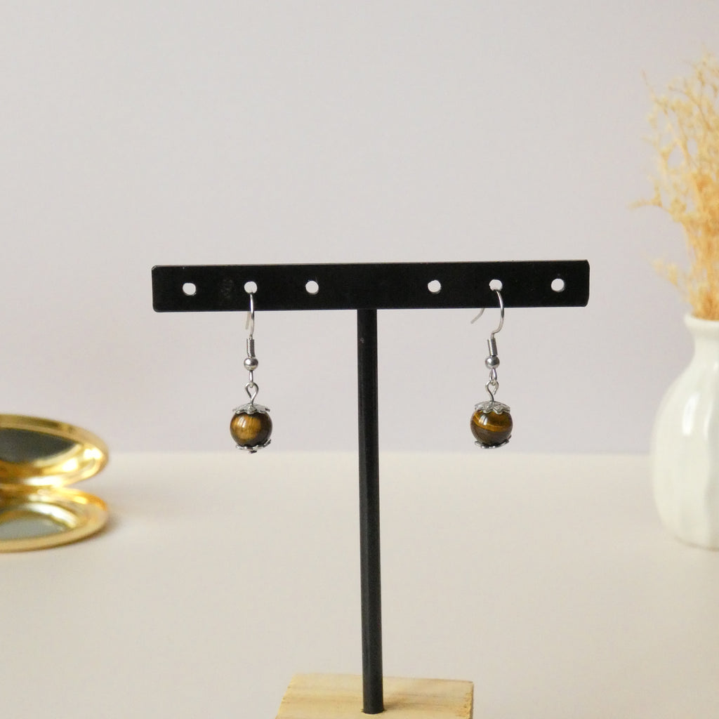 Boucles d’oreilles minimalistes perle 8 mm – quartz rose ou oeil de tigre