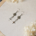 Boucles d’oreilles pendantes labradorite, soleil et étoile