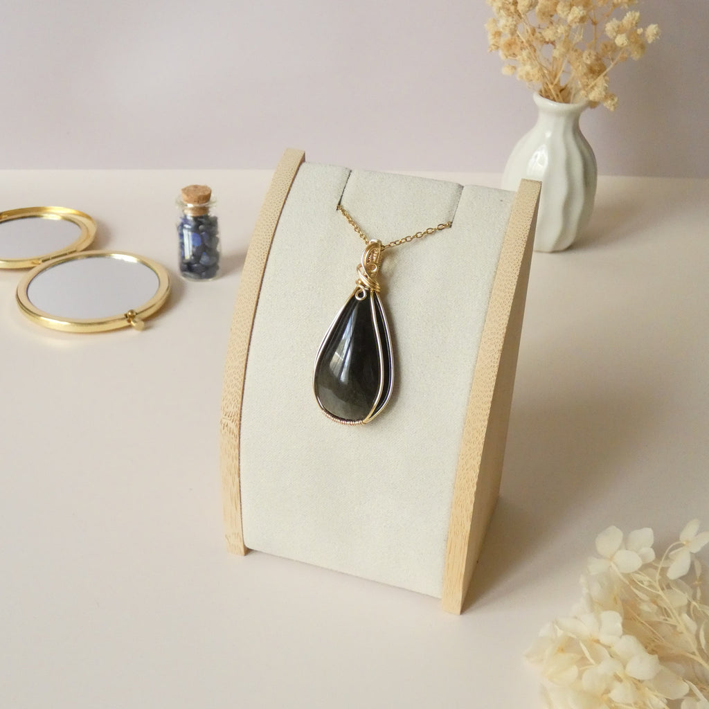 Pendentif obsidienne dorée 5,1 cm wire wrapping doré