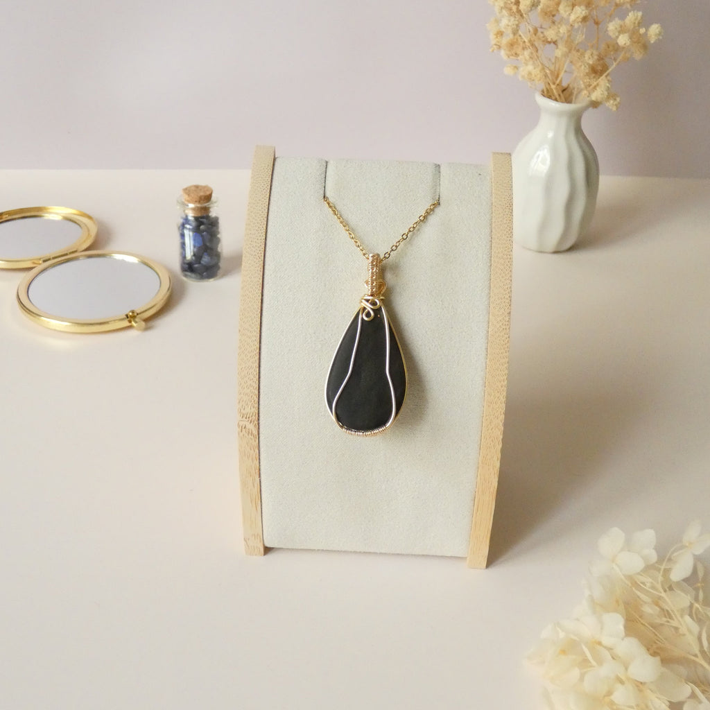 Pendentif obsidienne dorée 5,1 cm wire wrapping doré