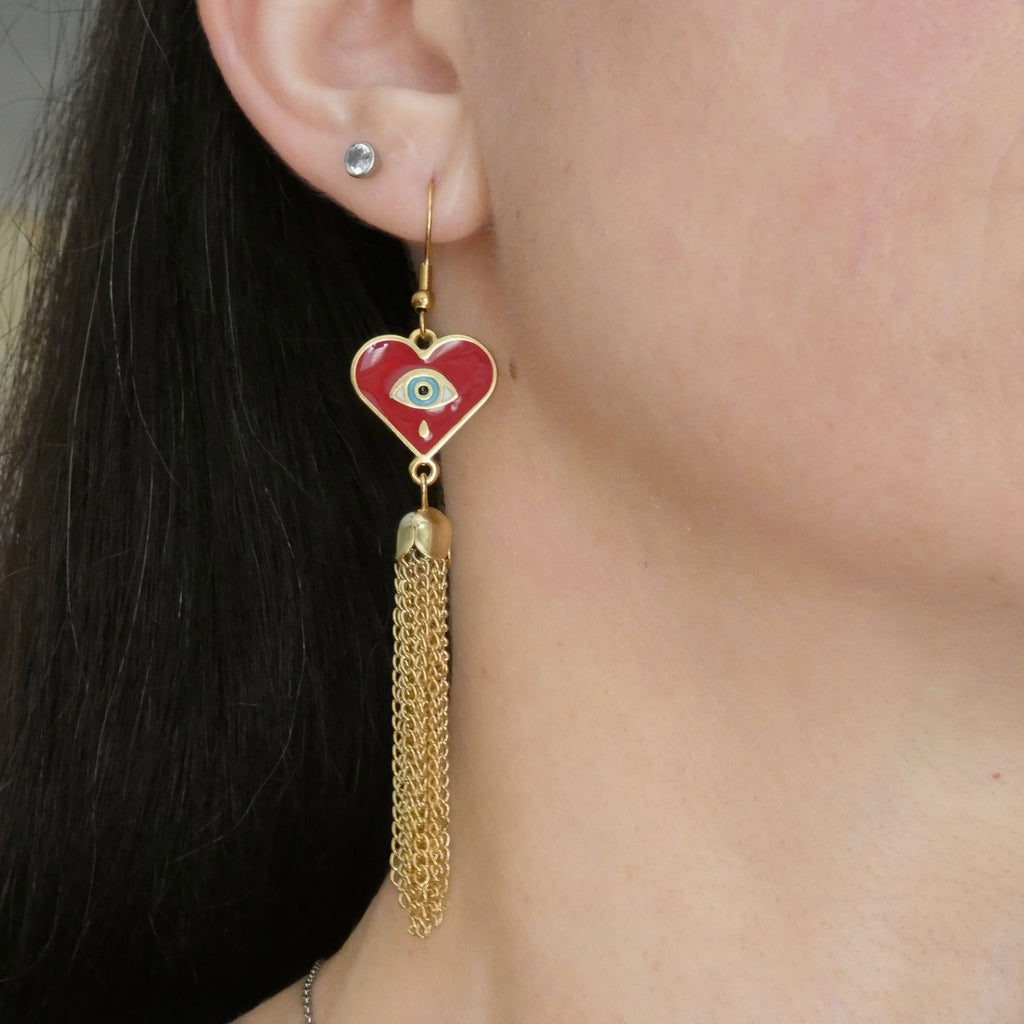 Boucles d'oreilles pendantes coeur et oeil de protection, crochets acier inoxydable doré