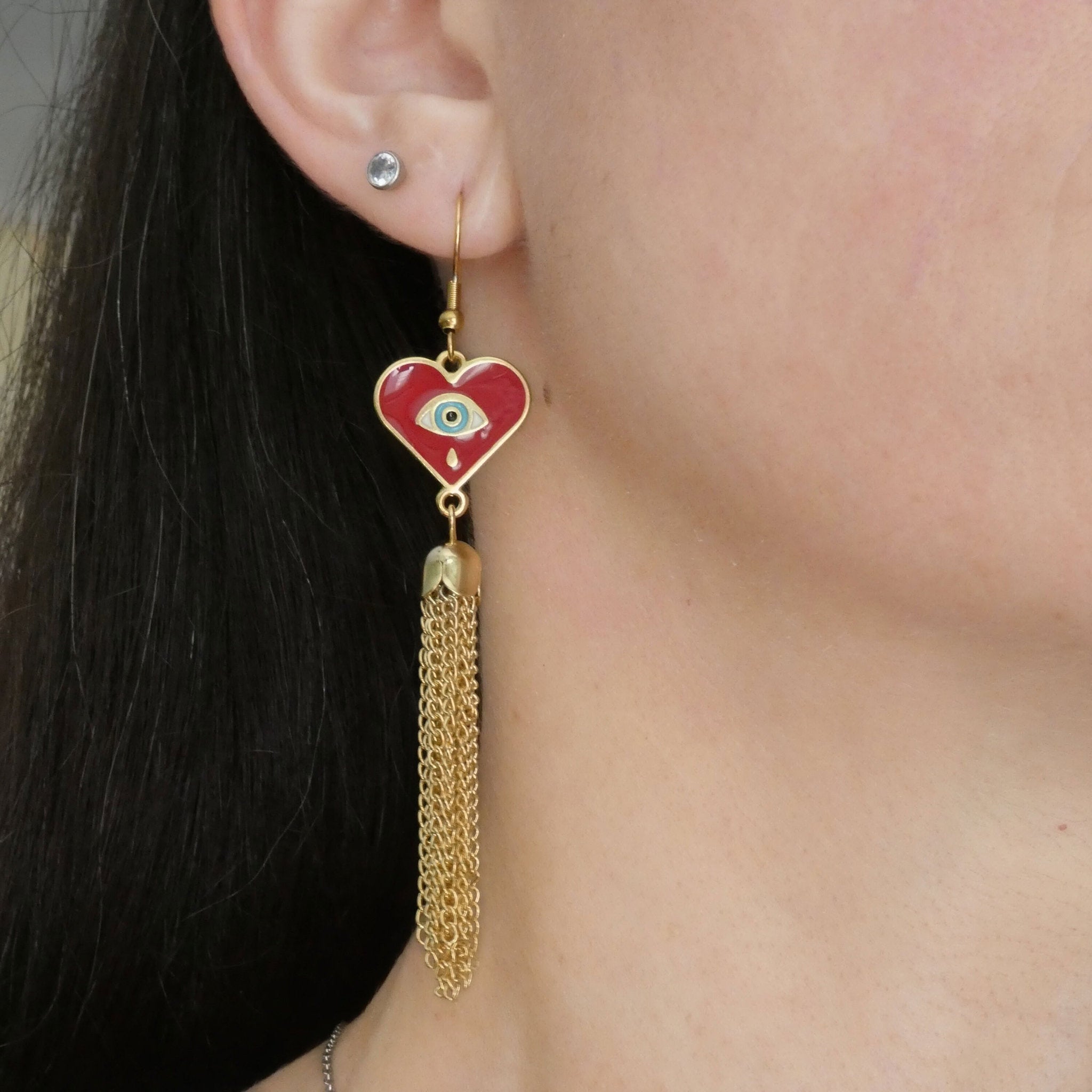 Boucles d'oreilles pendantes coeur et oeil de protection, crochets acier inoxydable doré