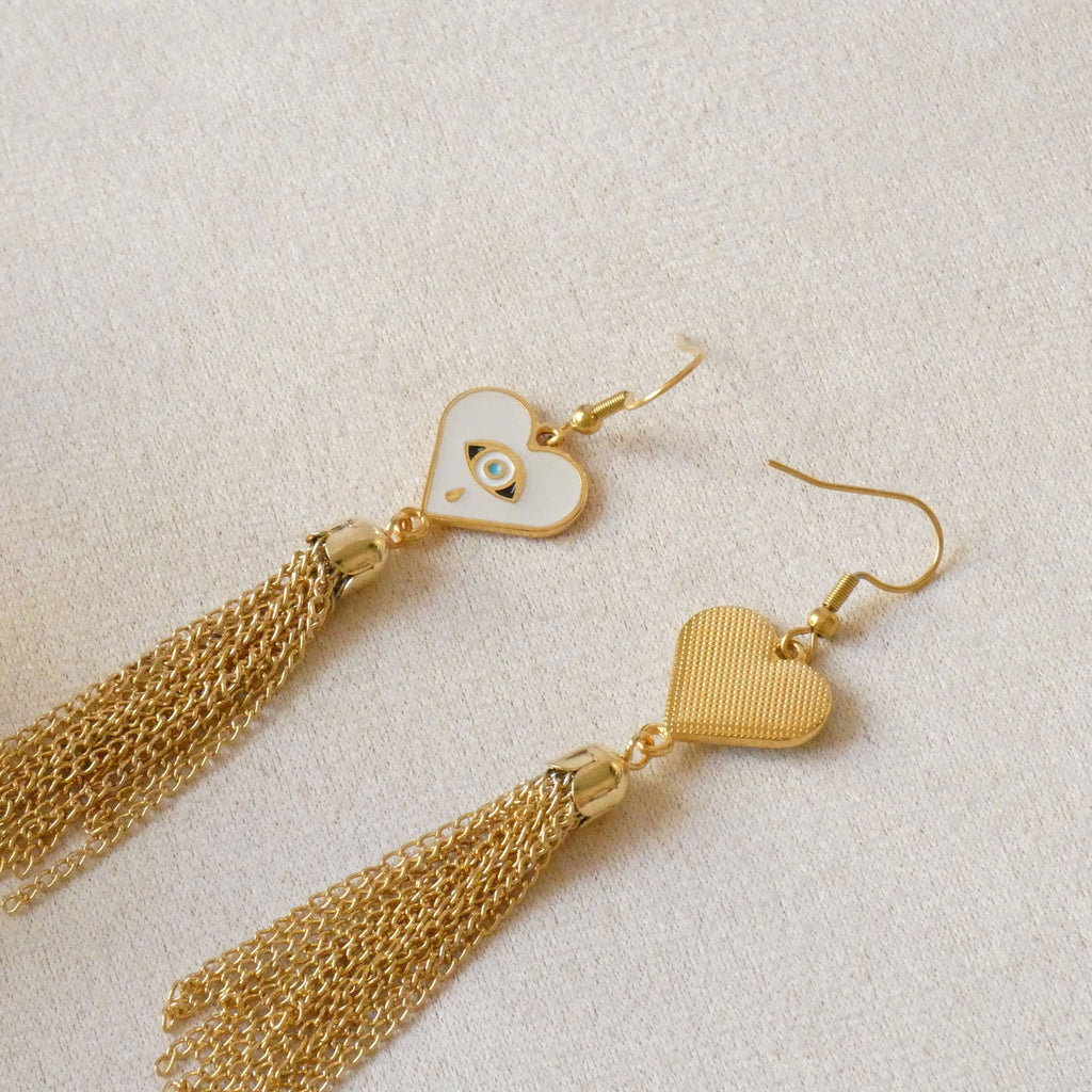 Boucles d'oreilles pendantes coeur et oeil de protection, crochets acier inoxydable doré