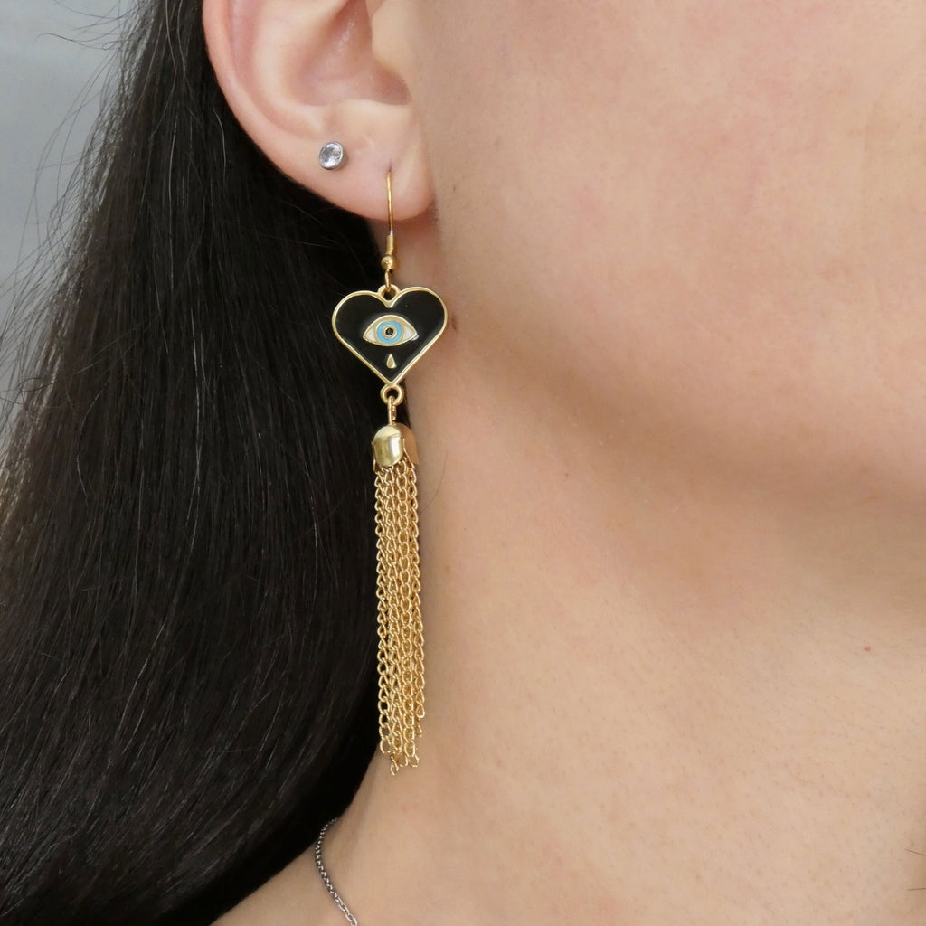 Boucles d'oreilles pendantes coeur et oeil de protection, crochets acier inoxydable doré