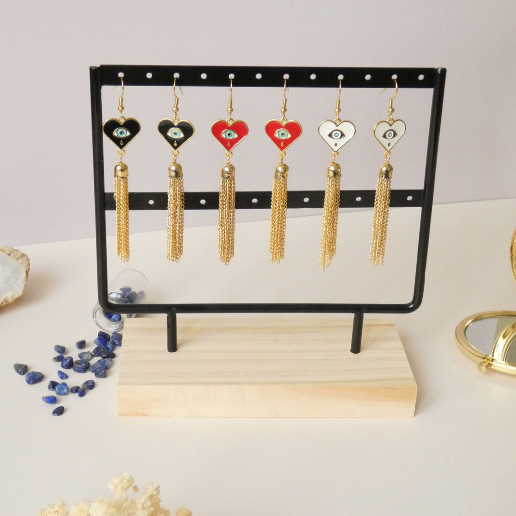 Boucles d'oreilles pendantes coeur et oeil de protection, crochets acier inoxydable doré