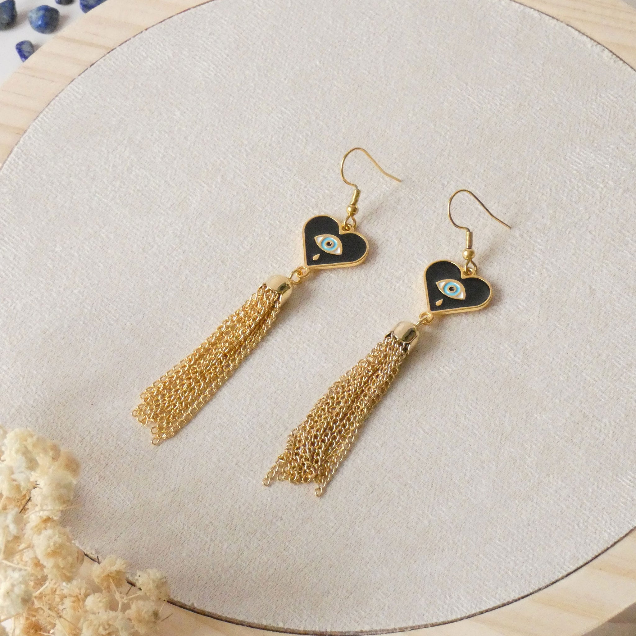 Boucles d'oreilles pendantes coeur et oeil de protection, crochets acier inoxydable doré