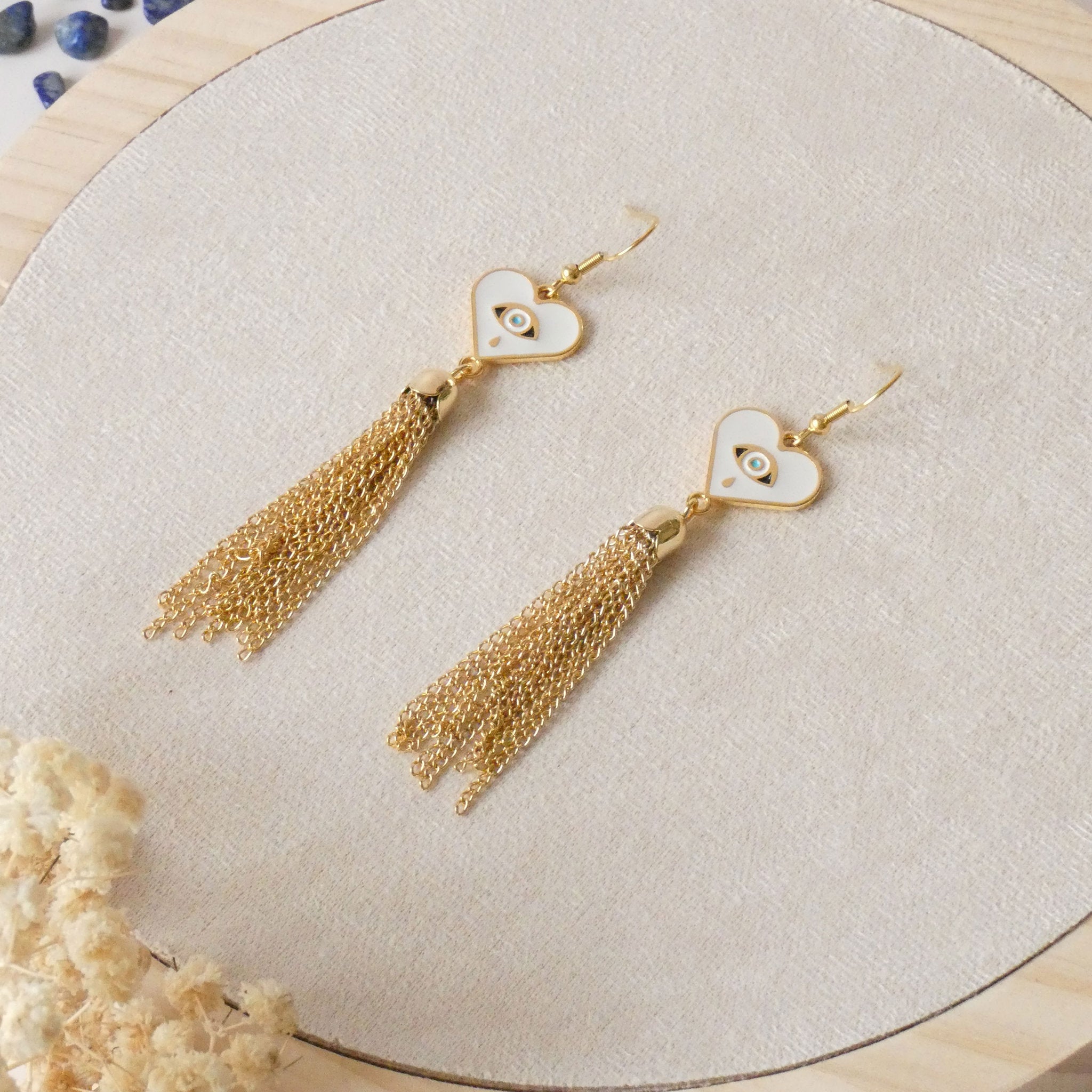 Boucles d'oreilles pendantes coeur et oeil de protection, crochets acier inoxydable doré