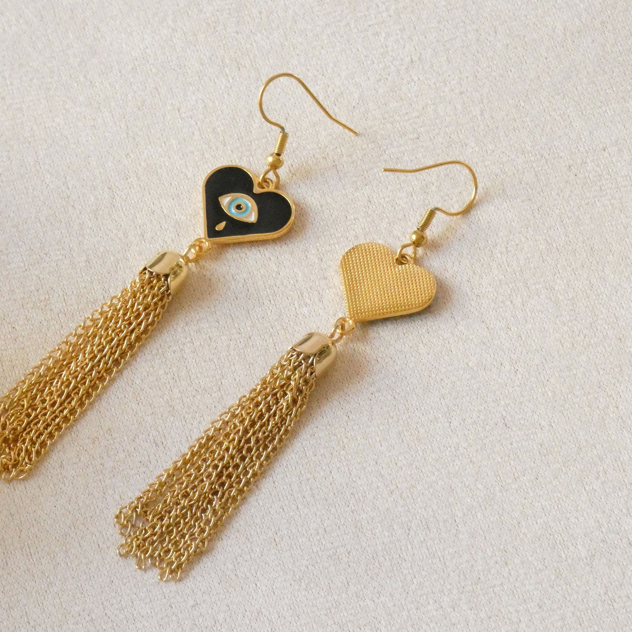 Boucles d'oreilles pendantes coeur et oeil de protection, crochets acier inoxydable doré