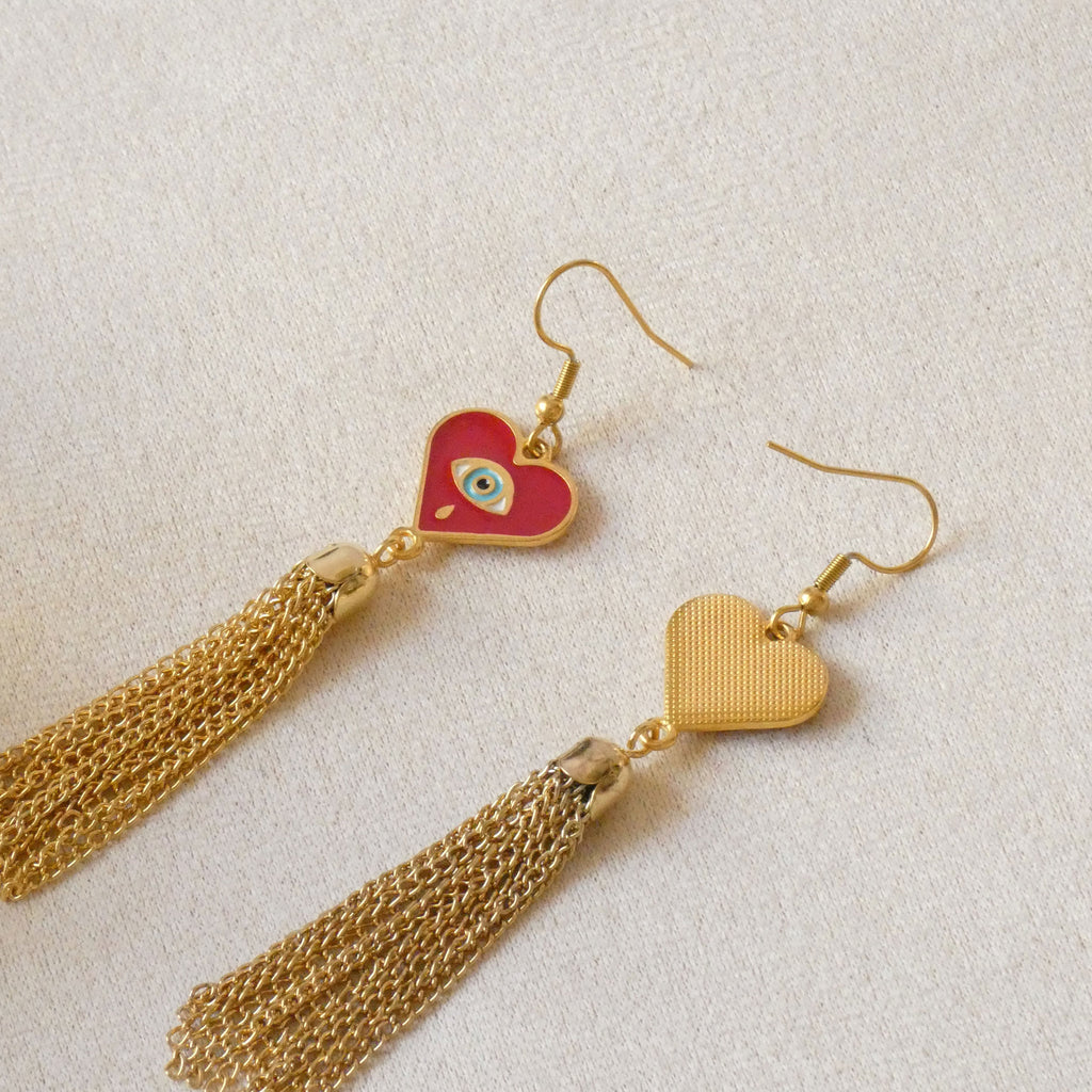 Boucles d'oreilles pendantes coeur et oeil de protection, crochets acier inoxydable doré