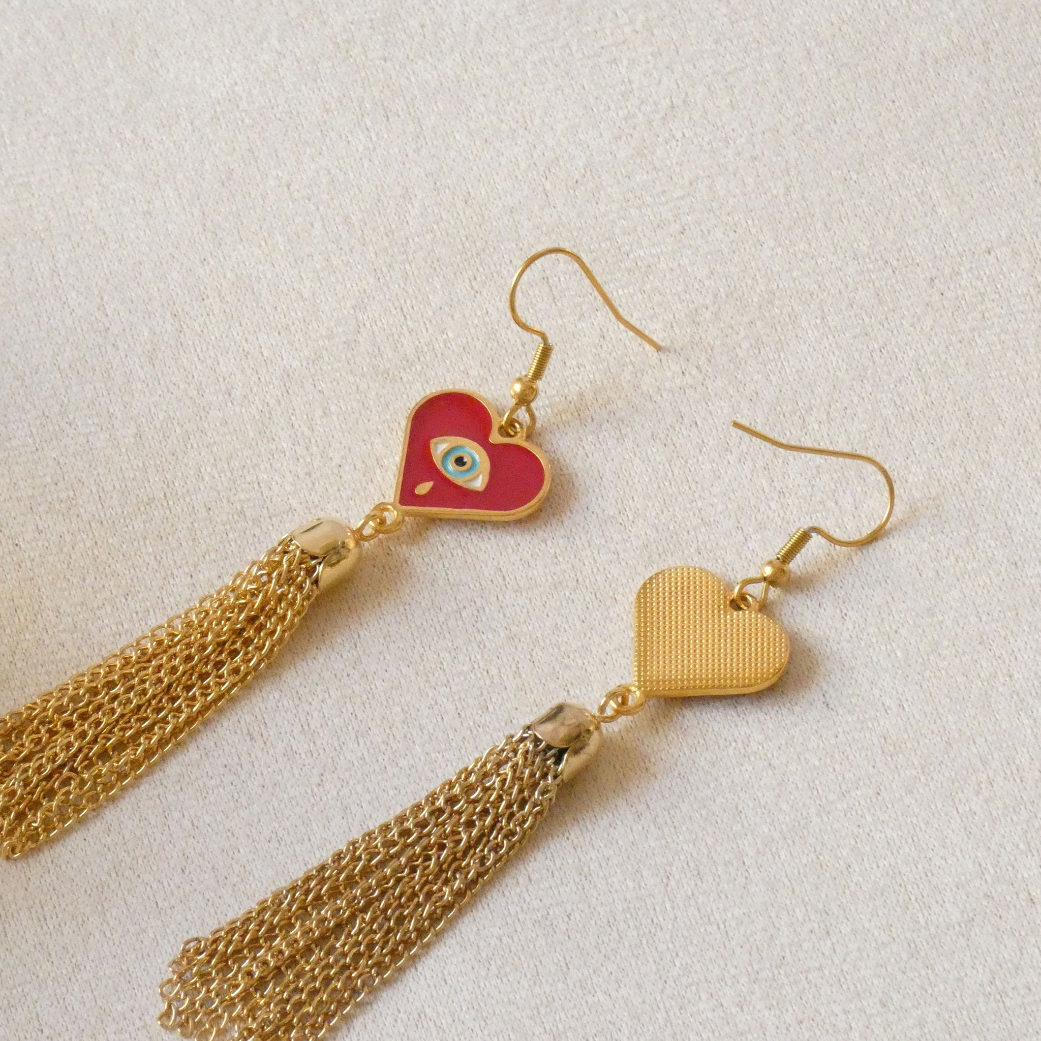 Boucles d'oreilles pendantes coeur et oeil de protection, crochets acier inoxydable doré