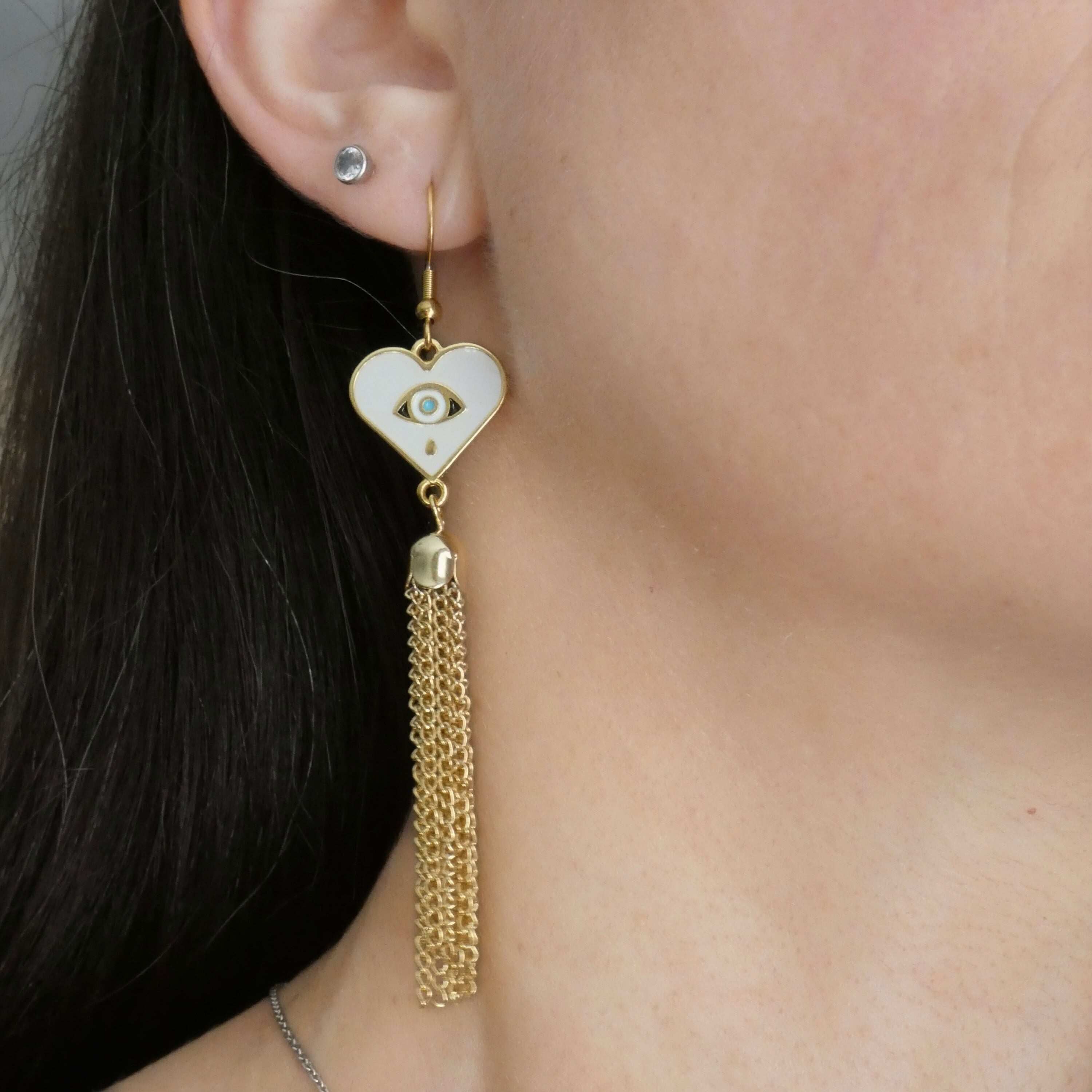 Boucles d'oreilles pendantes coeur et oeil de protection, crochets acier inoxydable doré