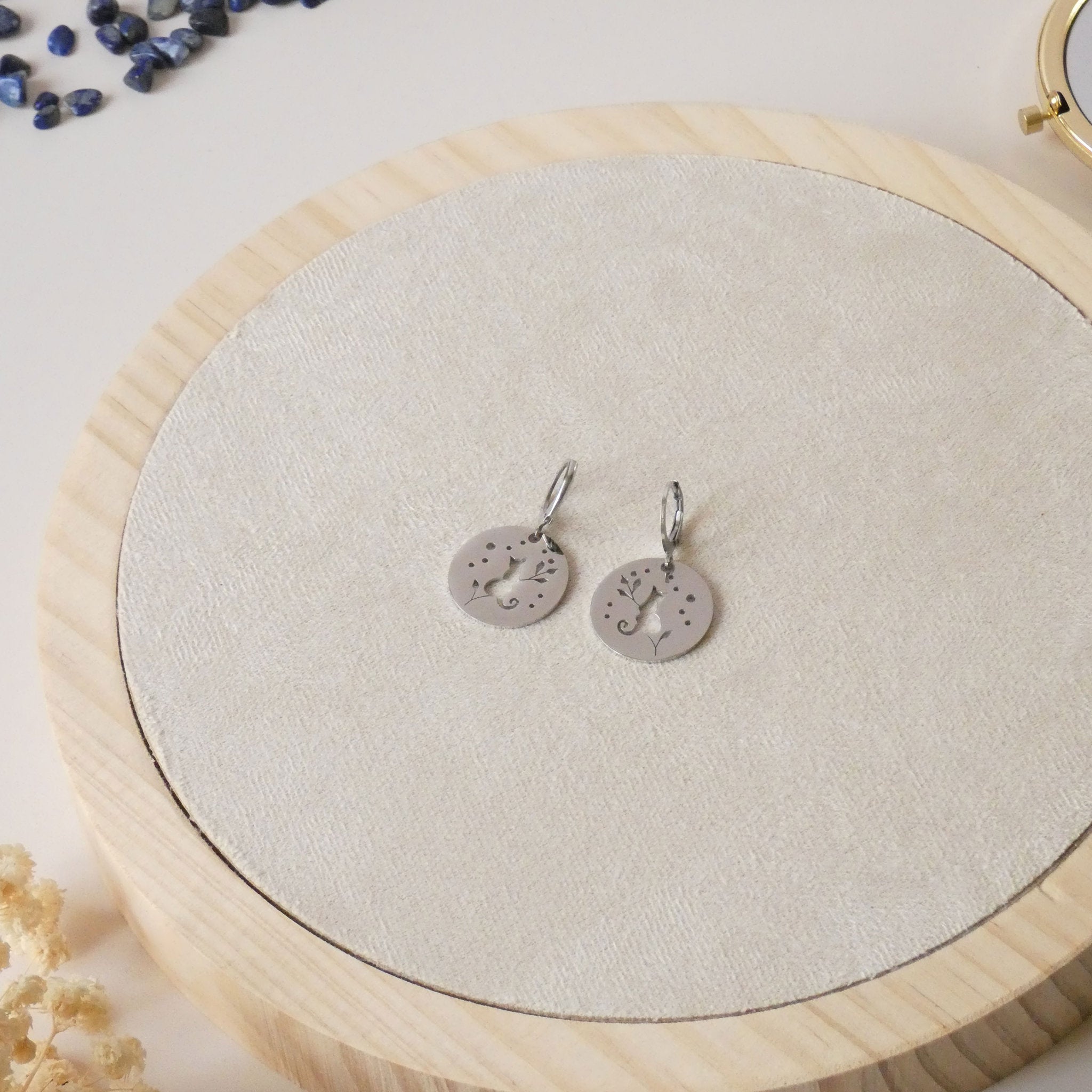 Boucles d'oreilles médaille chat, dormeuse acier inoxydable