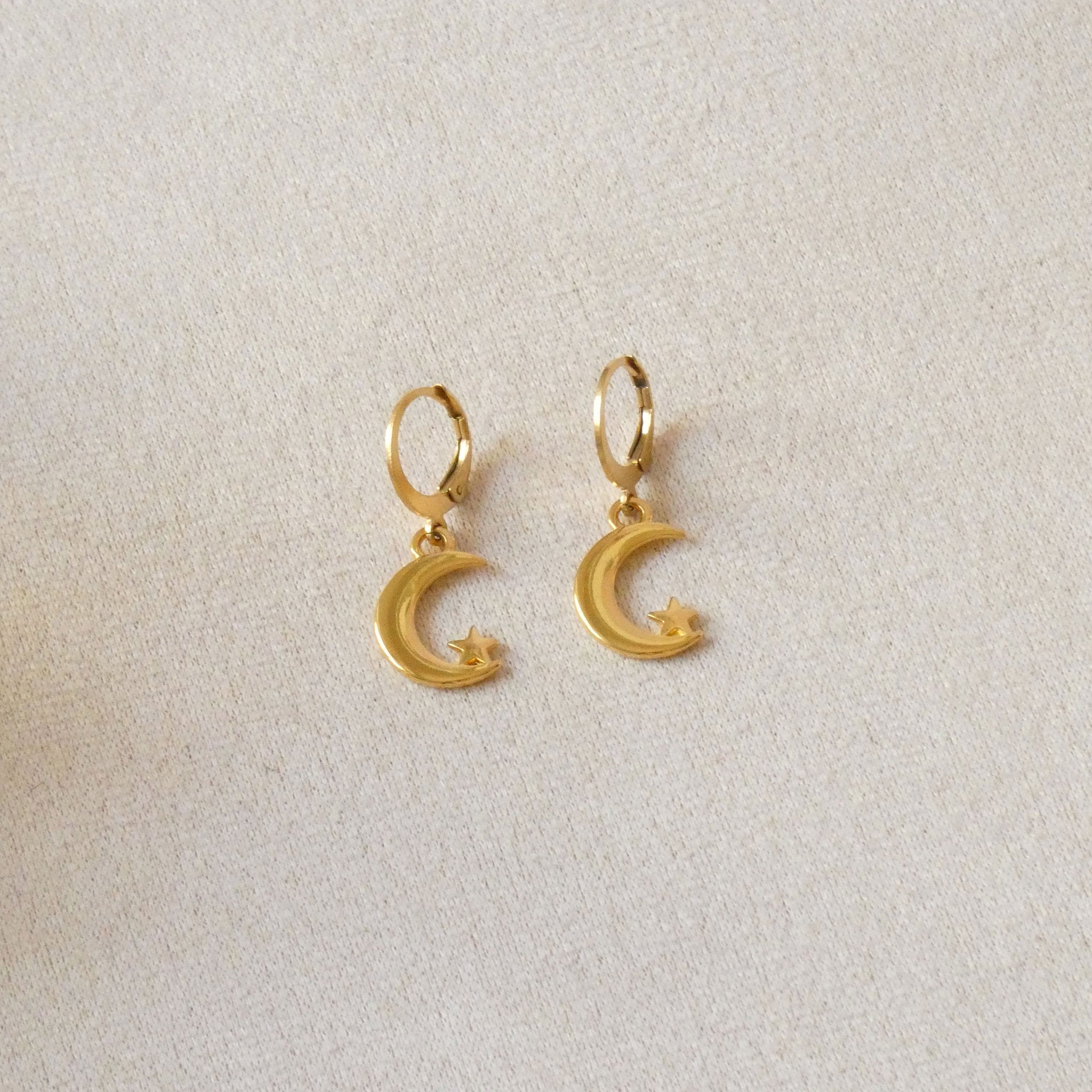 Boucles d'oreilles lune et étoile, dormeuses acier inoxydable doré