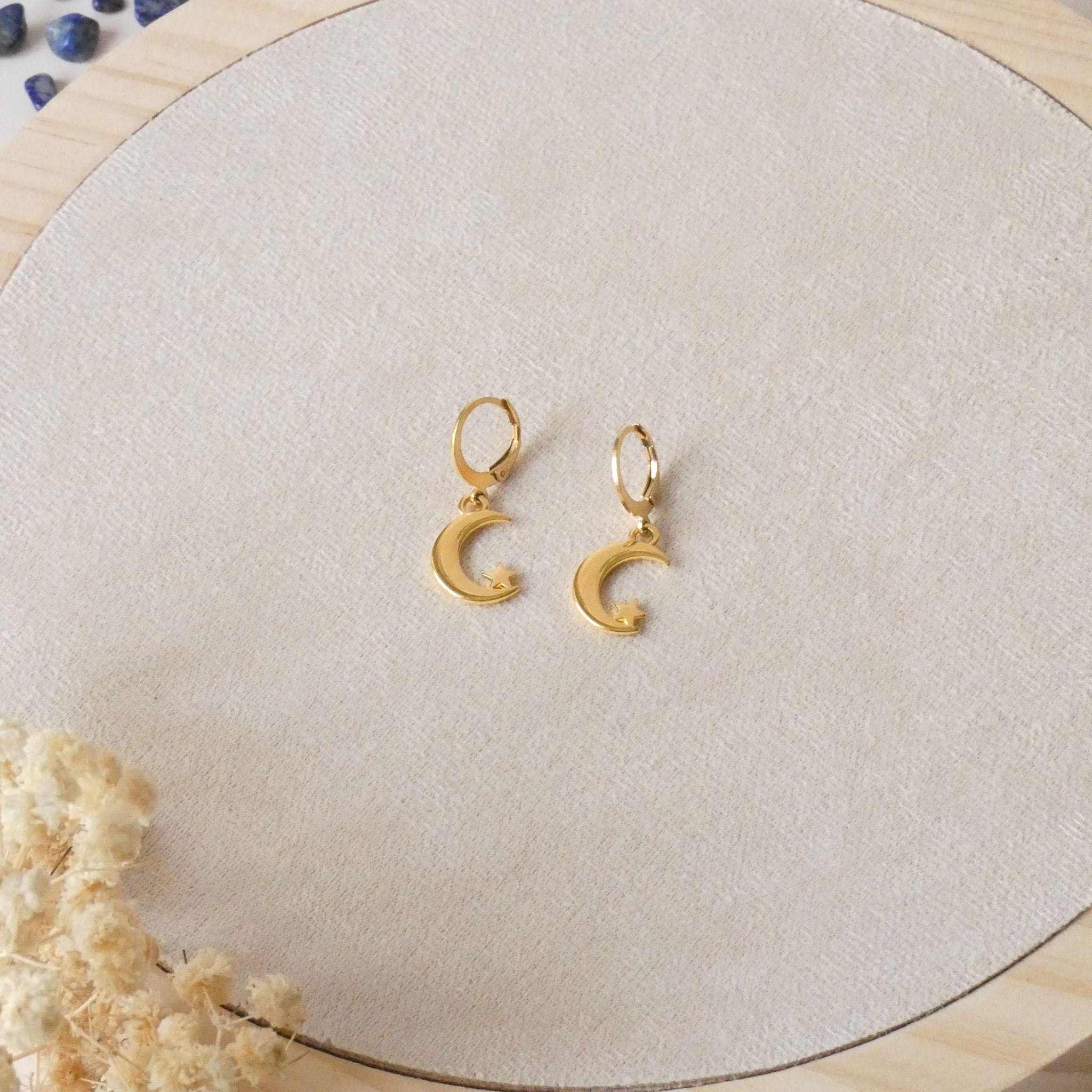 Boucles d'oreilles lune et étoile, dormeuses acier inoxydable doré