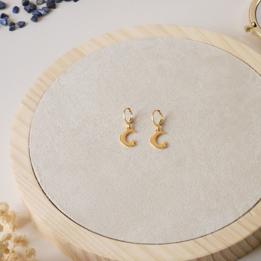 Boucles d'oreilles lune et étoile, dormeuses acier inoxydable doré
