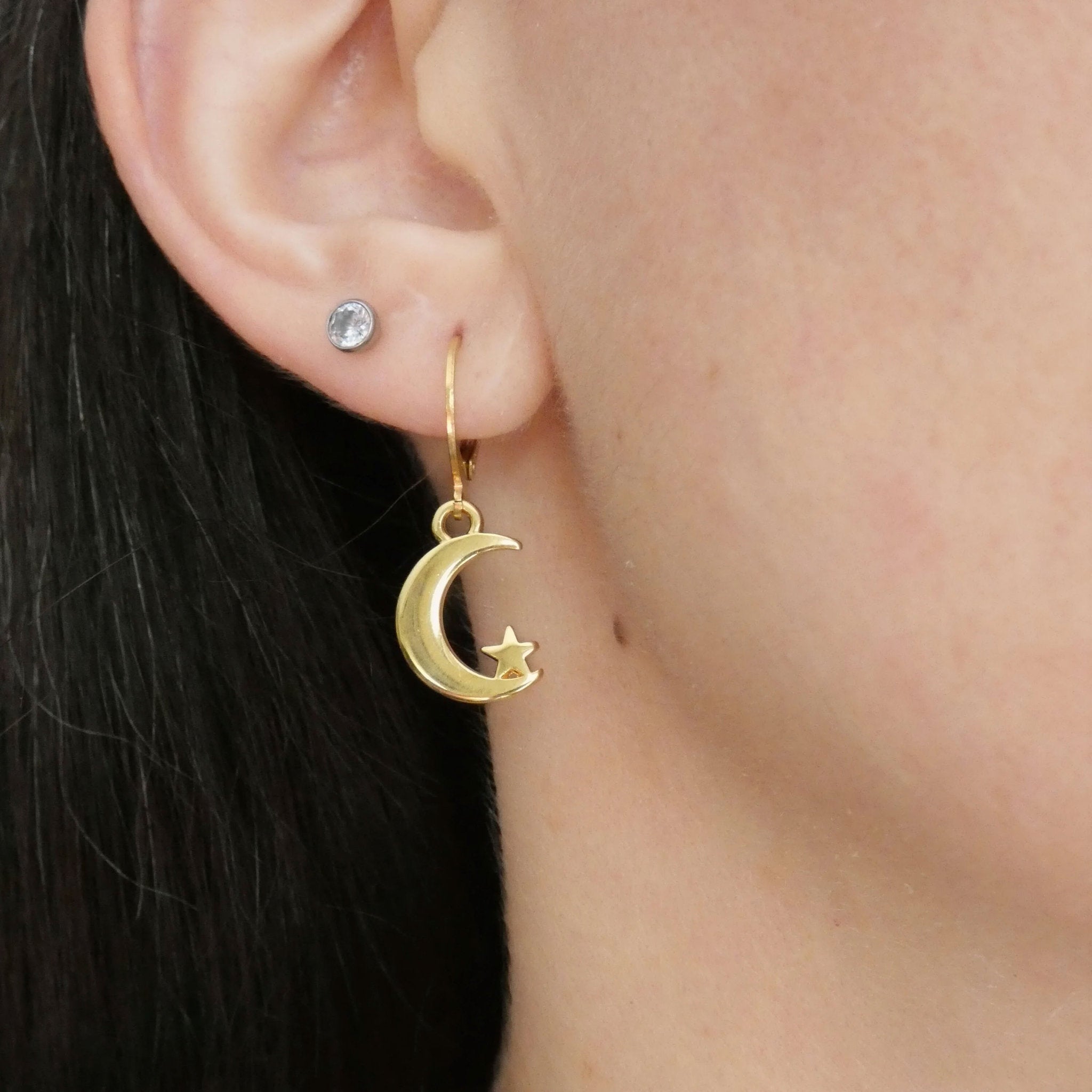 Boucles d'oreilles lune et étoile, dormeuses acier inoxydable doré