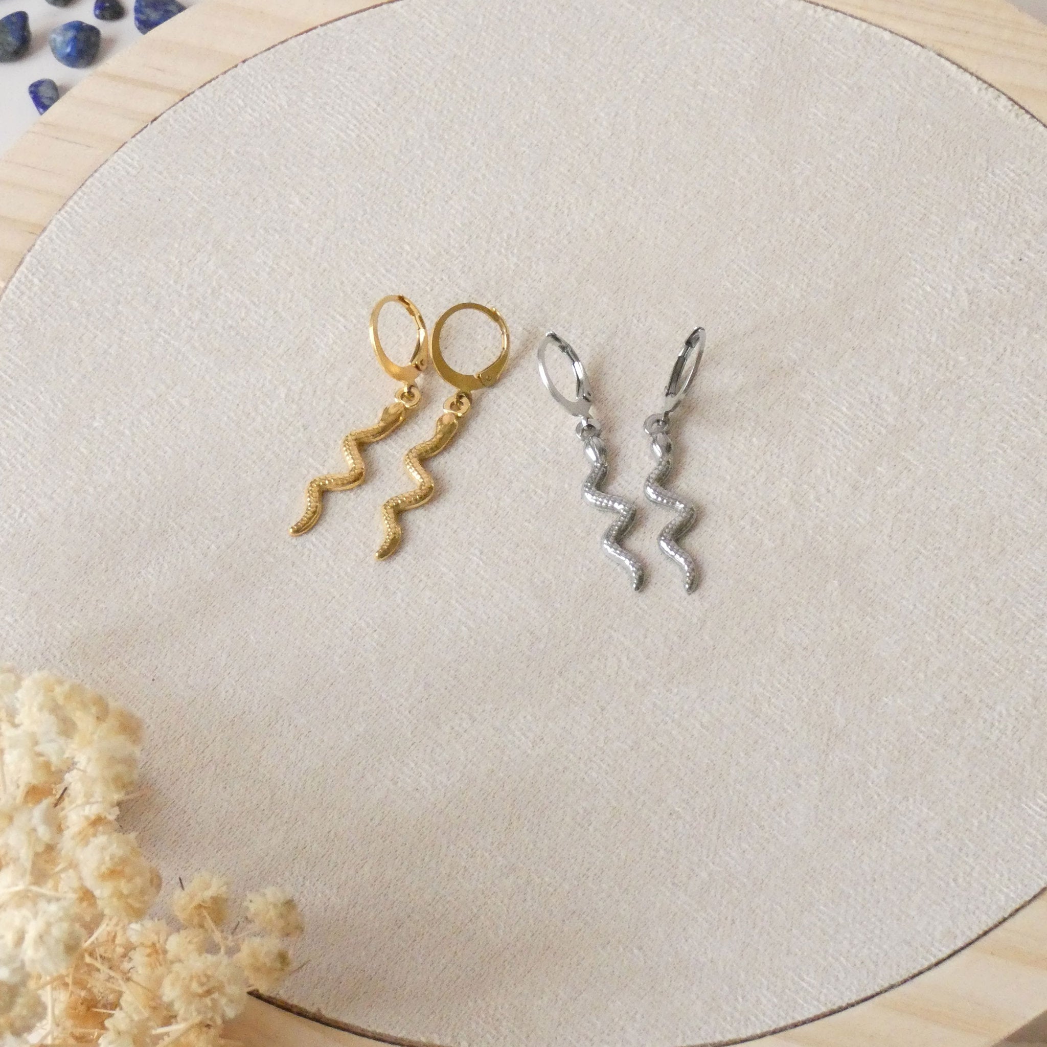 Boucles d'oreilles serpent, dormeuses créoles, doré ou argenté au choix