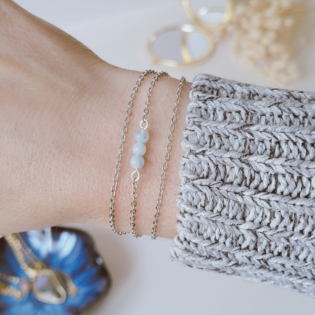 Bracelet acier inoxydable avec aigue marine - doré ou argenté au choix