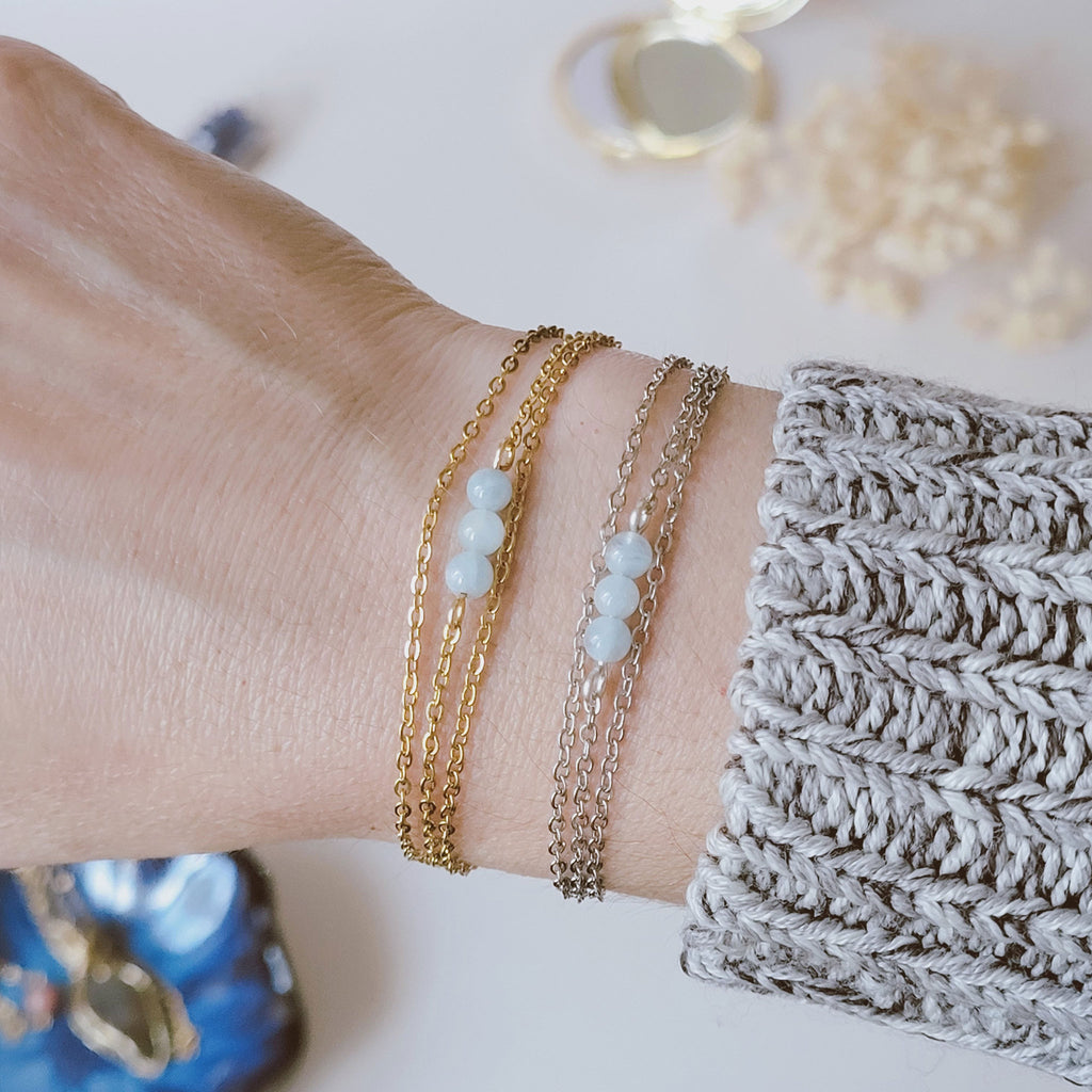 Bracelet acier inoxydable avec aigue marine - doré ou argenté au choix