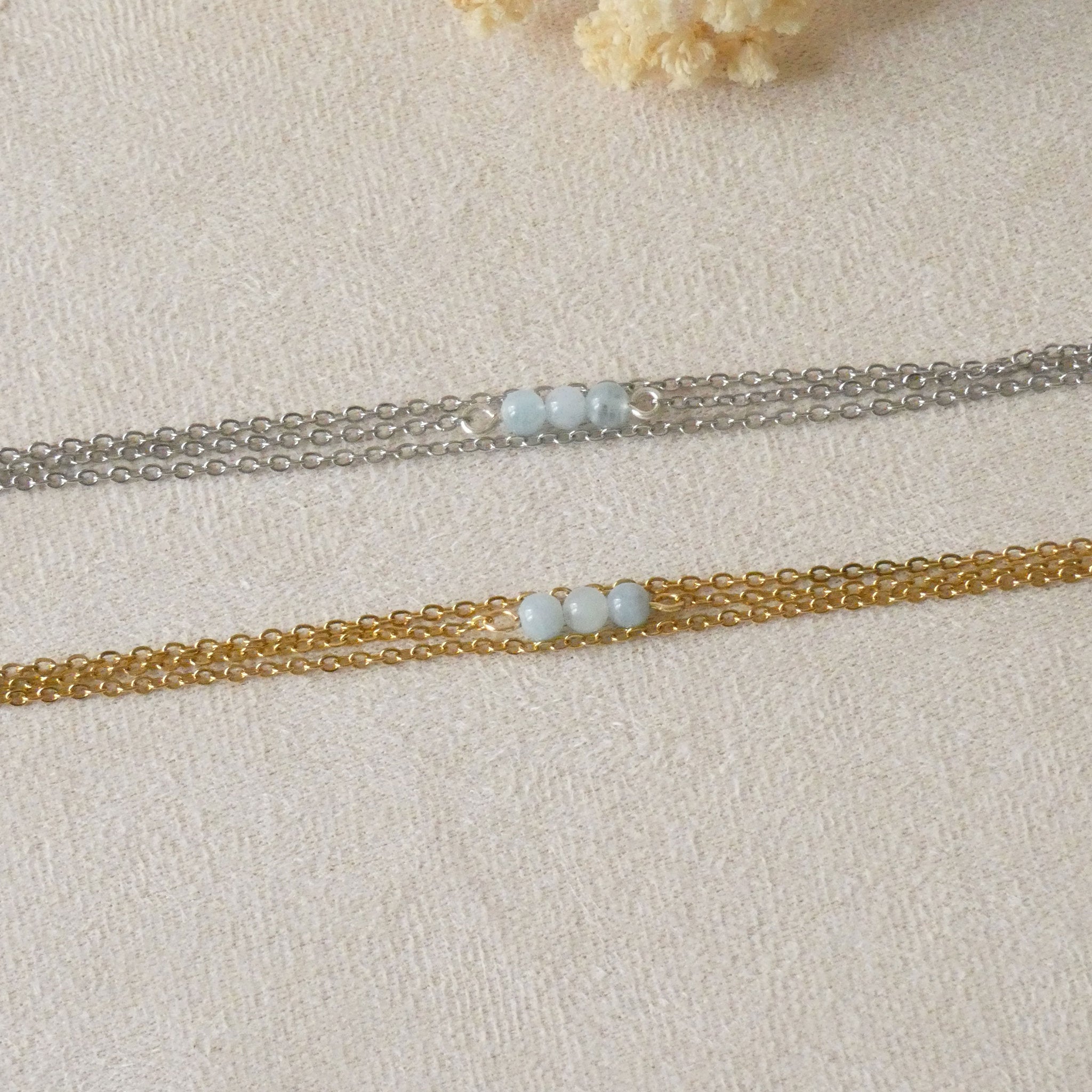 Bracelet acier inoxydable avec aigue marine - doré ou argenté au choix