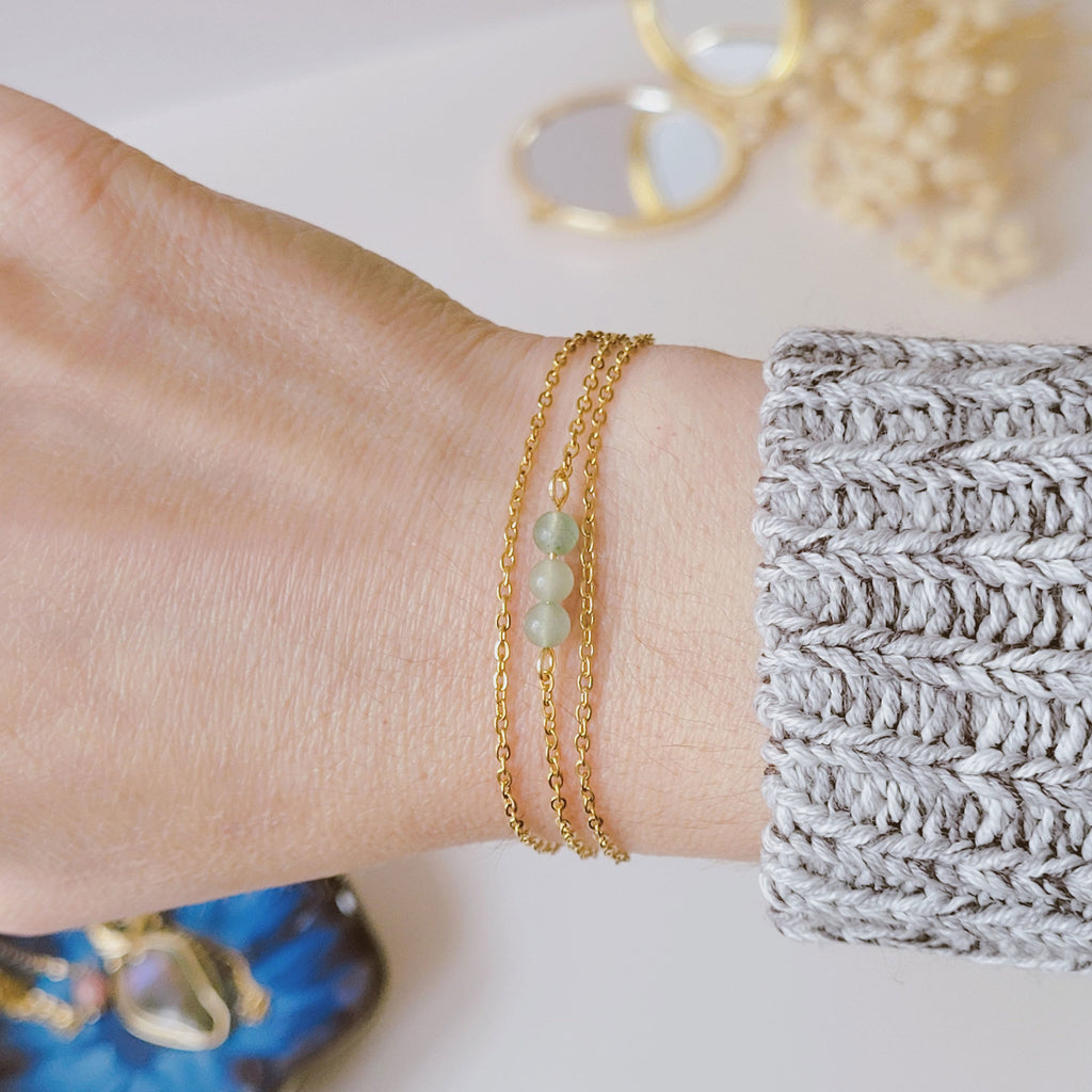 Bracelet acier inoxydable avec aventurine verte - doré ou argenté au choix