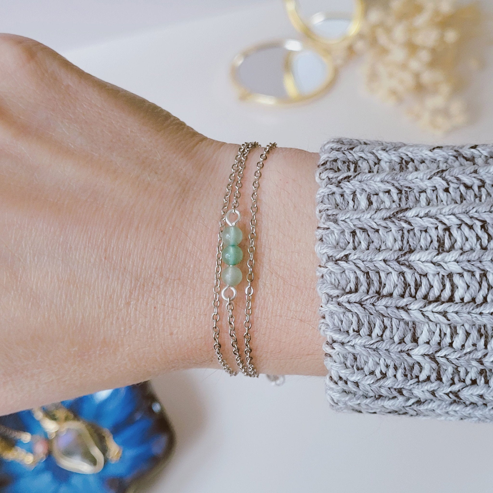 Bracelet acier inoxydable avec aventurine verte - doré ou argenté au choix