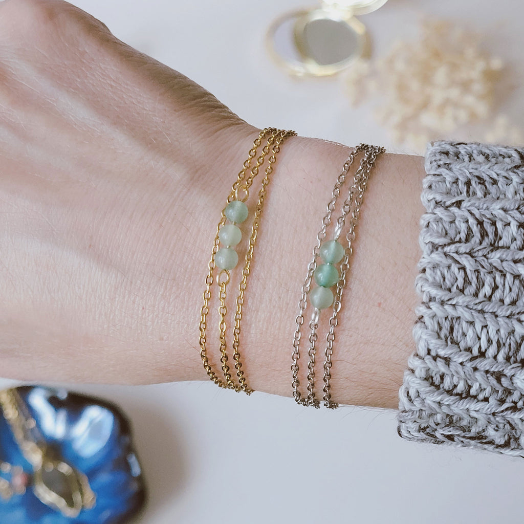 Bracelet acier inoxydable avec aventurine verte - doré ou argenté au choix