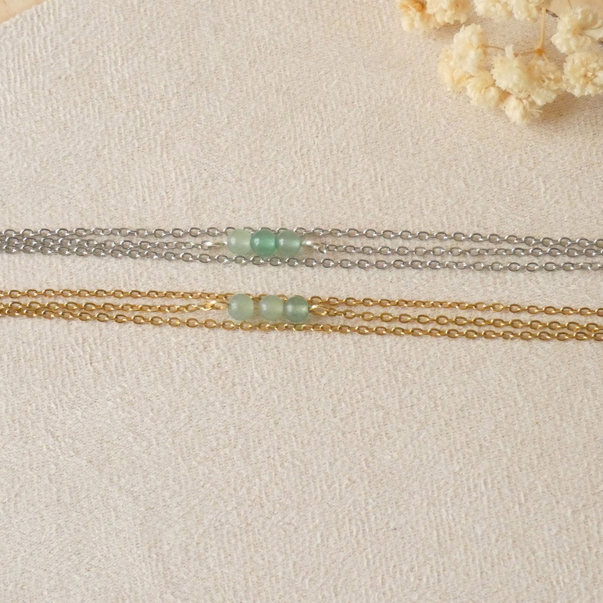 Bracelet acier inoxydable avec aventurine verte - doré ou argenté au choix