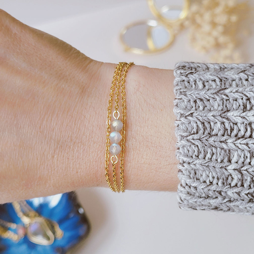 Bracelet acier inoxydable avec labradorite facettée - doré ou argenté au choix