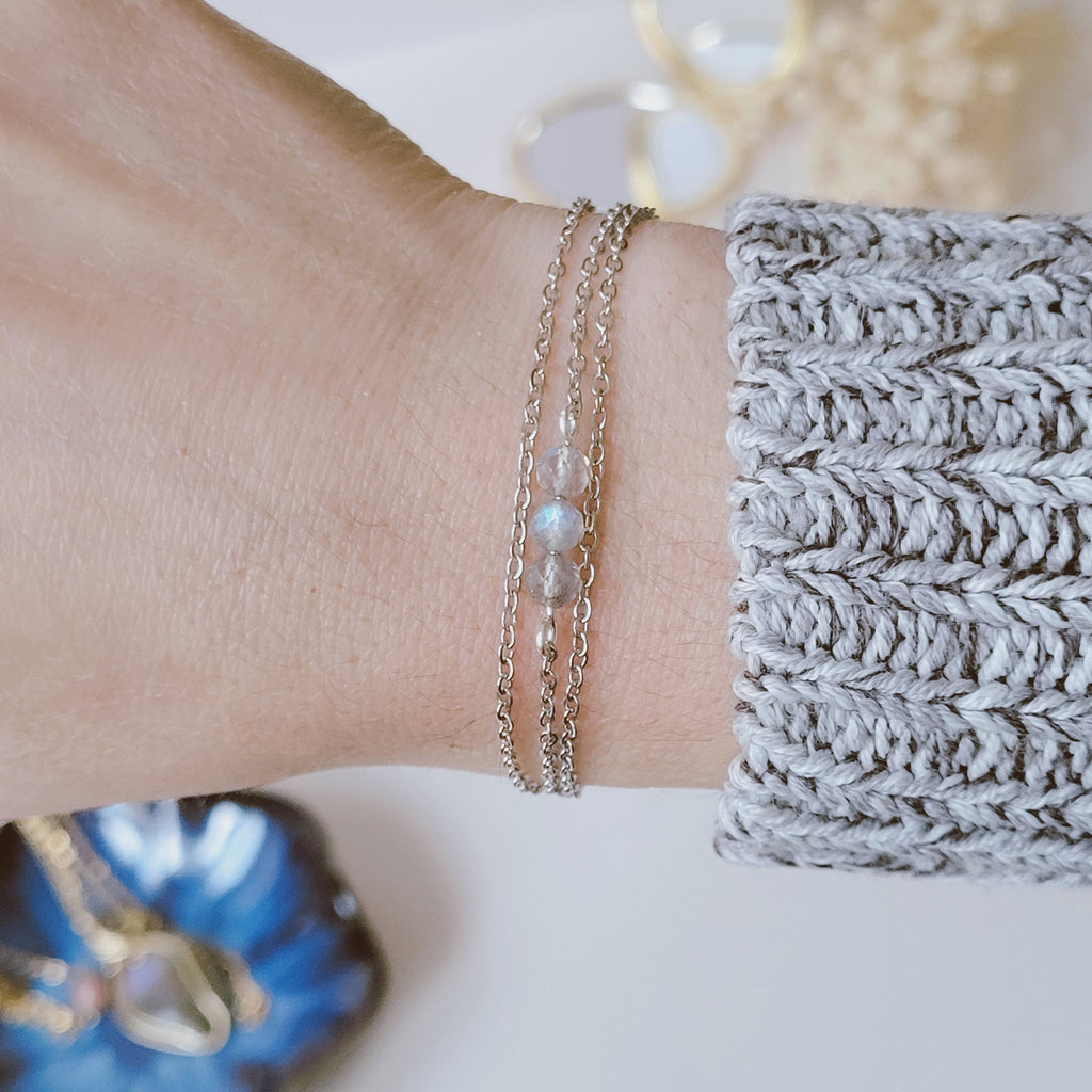 Bracelet acier inoxydable avec labradorite facettée - doré ou argenté au choix