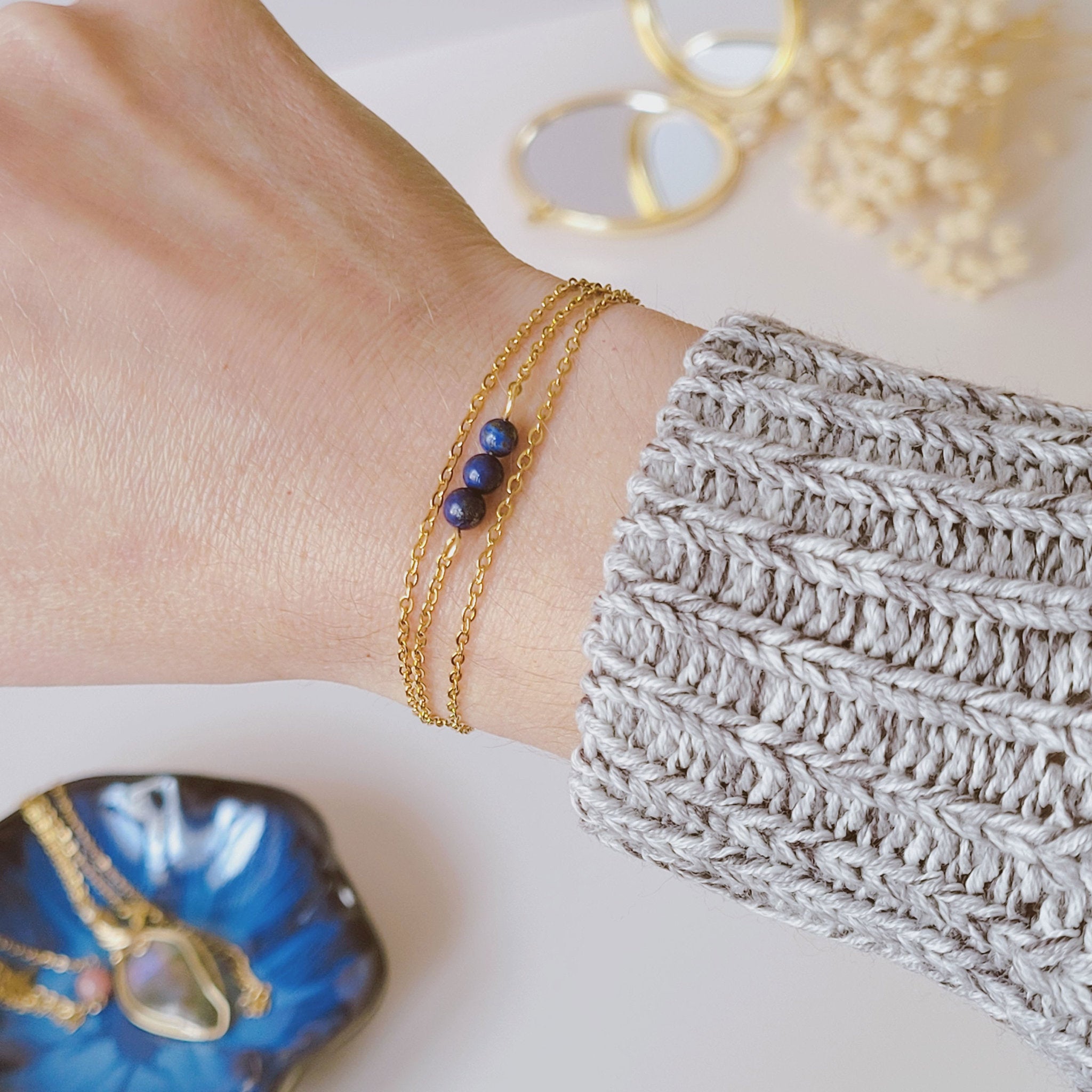 Bracelet acier inoxydable avec lapis lazuli - doré ou argenté au choix