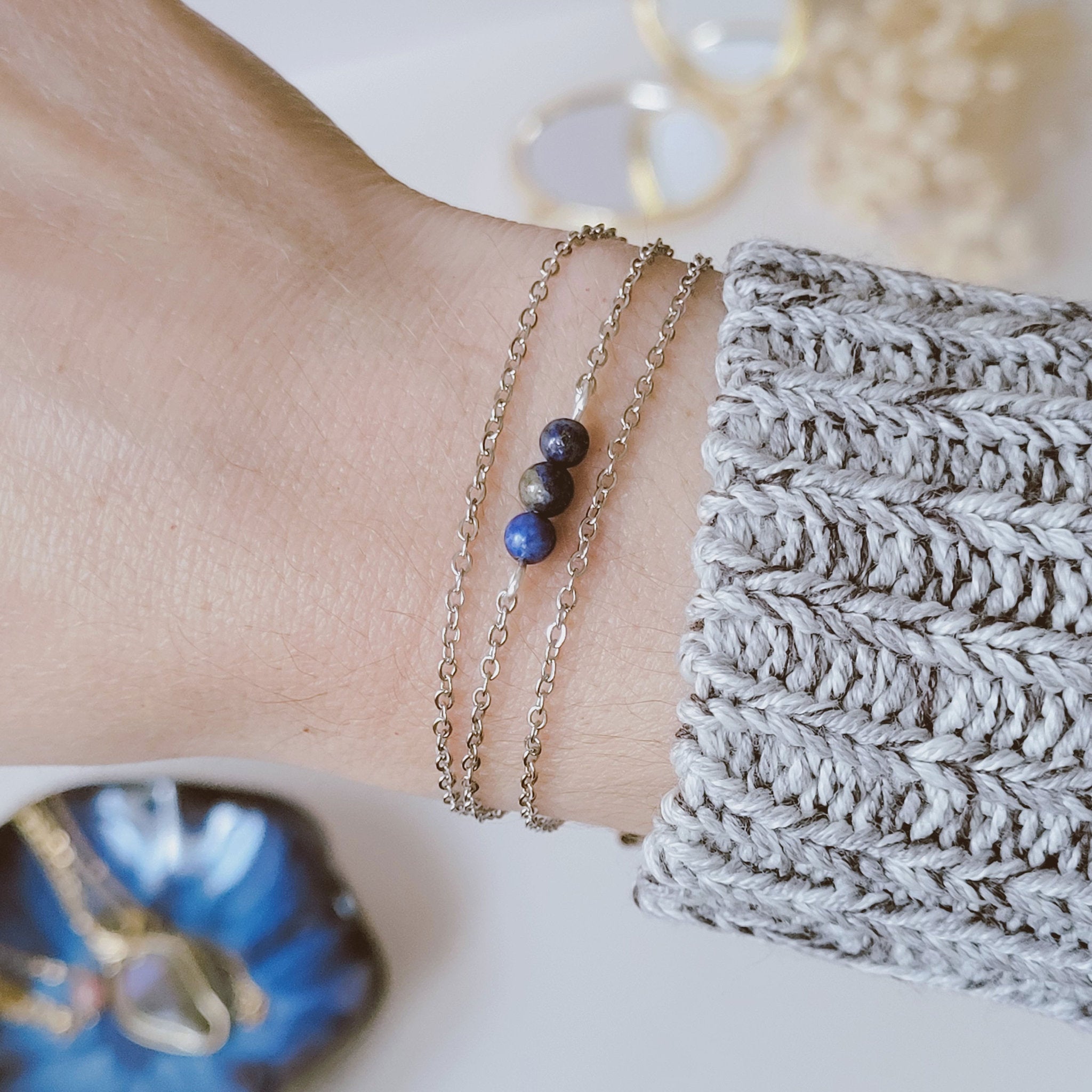 Bracelet acier inoxydable avec lapis lazuli - doré ou argenté au choix