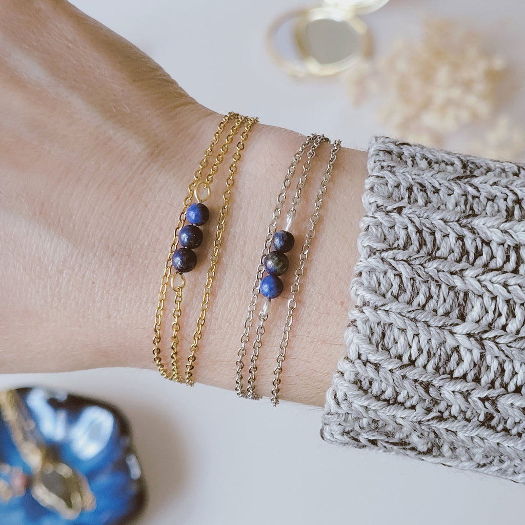 Bracelet acier inoxydable avec lapis lazuli - doré ou argenté au choix