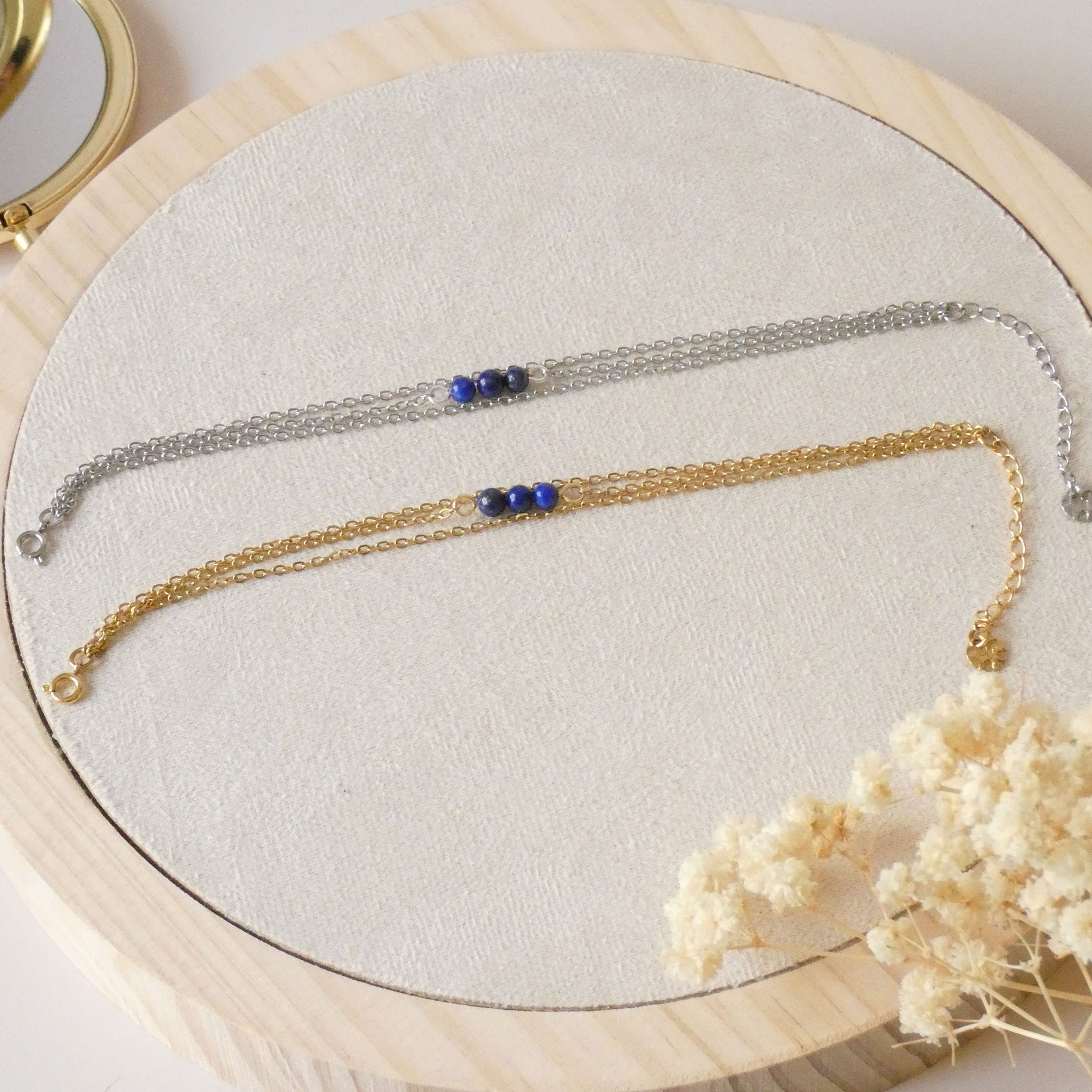 Bracelet acier inoxydable avec lapis lazuli - doré ou argenté au choix